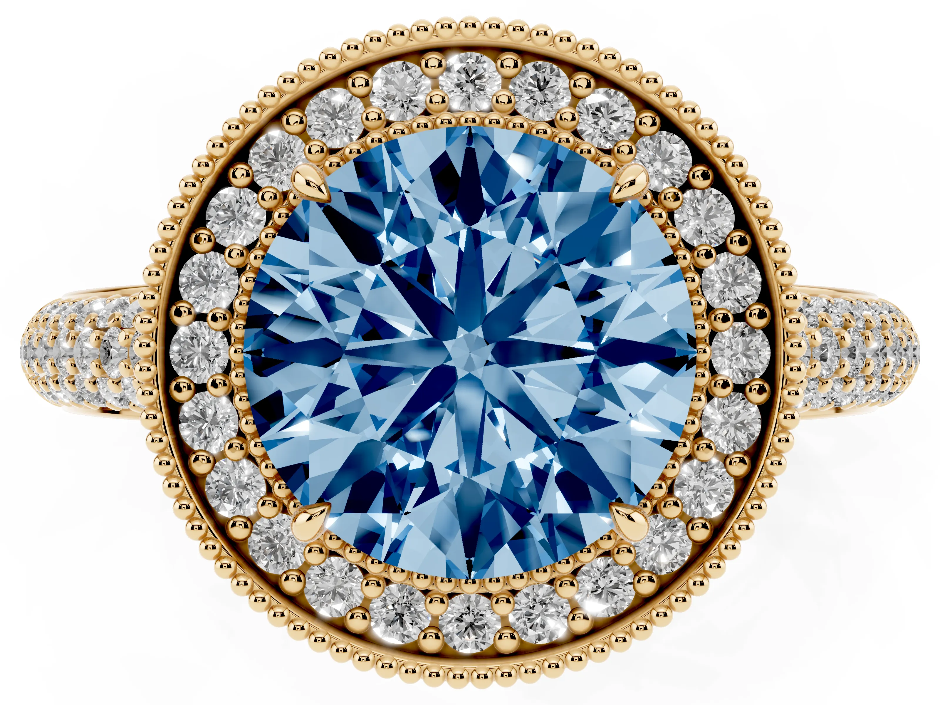 Fancy Blue Round Cut Diamond Halo Pavé Band Set in Yellow gold with Prong Setting