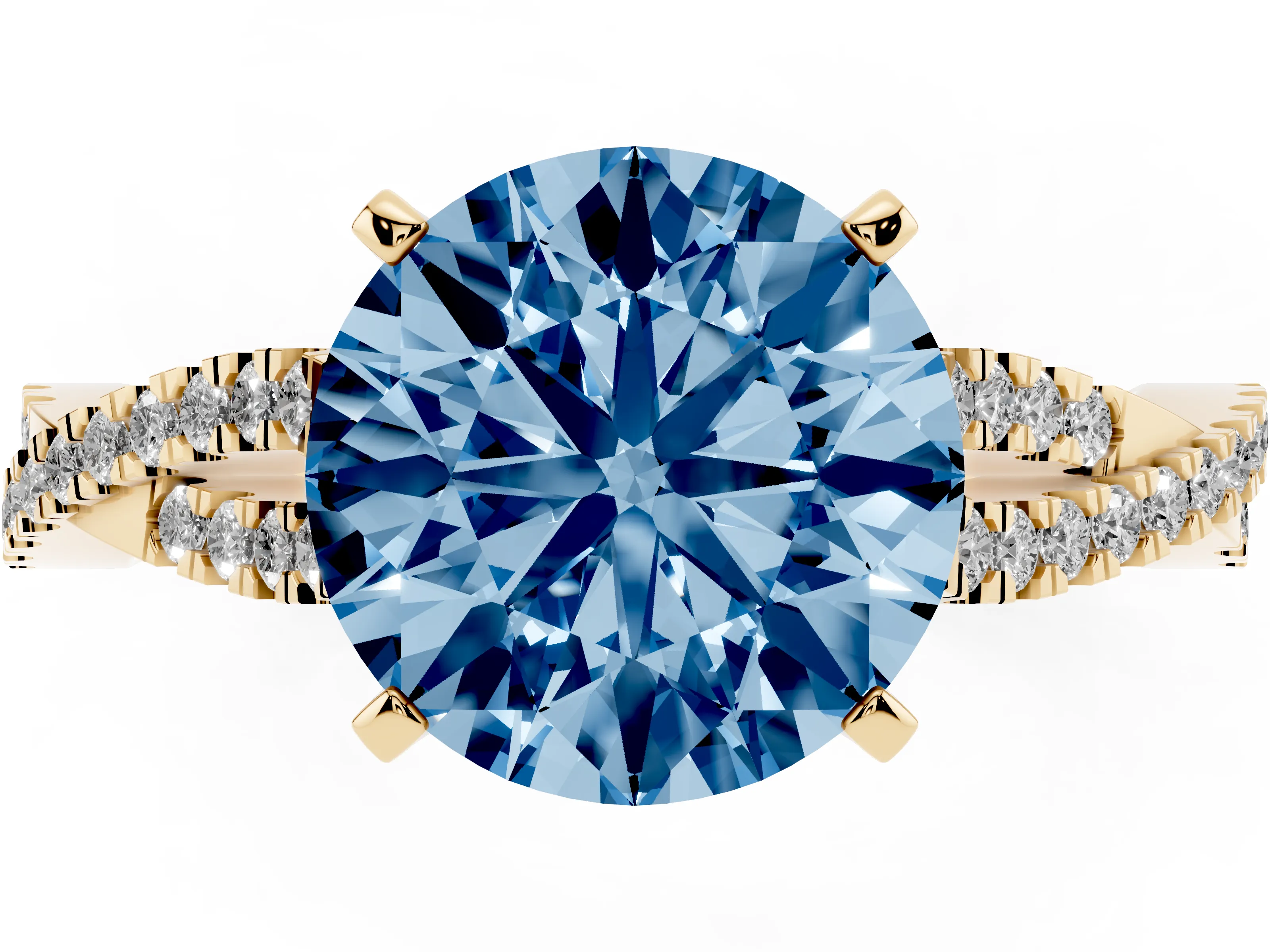 Fancy Blue Round Cut Diamond Solitaire Engagement Ring Set in Yellow gold with Twisted Pavé Band and Prong Setting