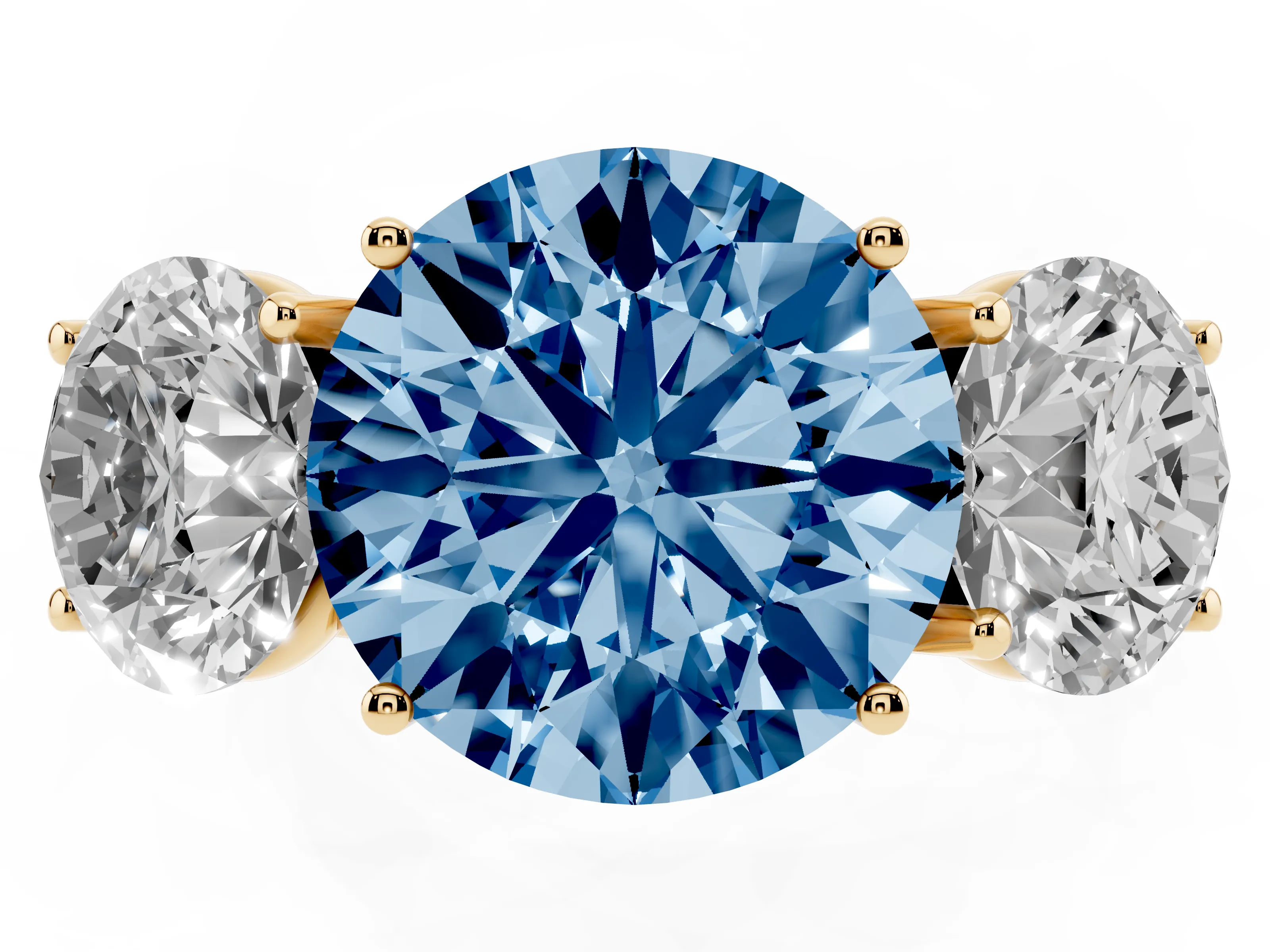 Fancy Blue Round Cut Diamond Three-Stone Ring Set in Yellow gold with Braided Band