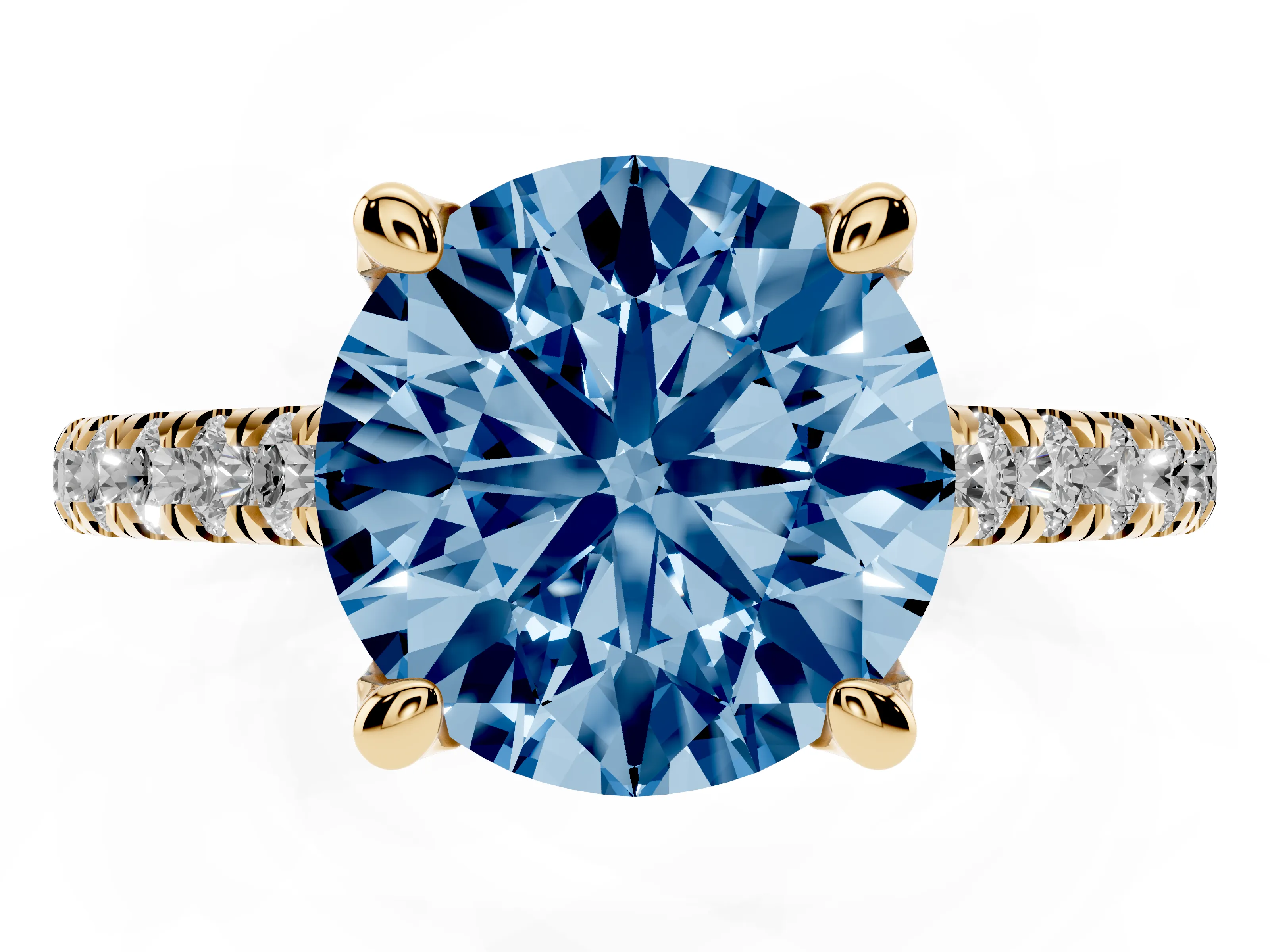 Fancy Blue Round Cut Diamond Solitaire Ring Set in Yellow gold with Brilliant Pavé Band and Prong Setting