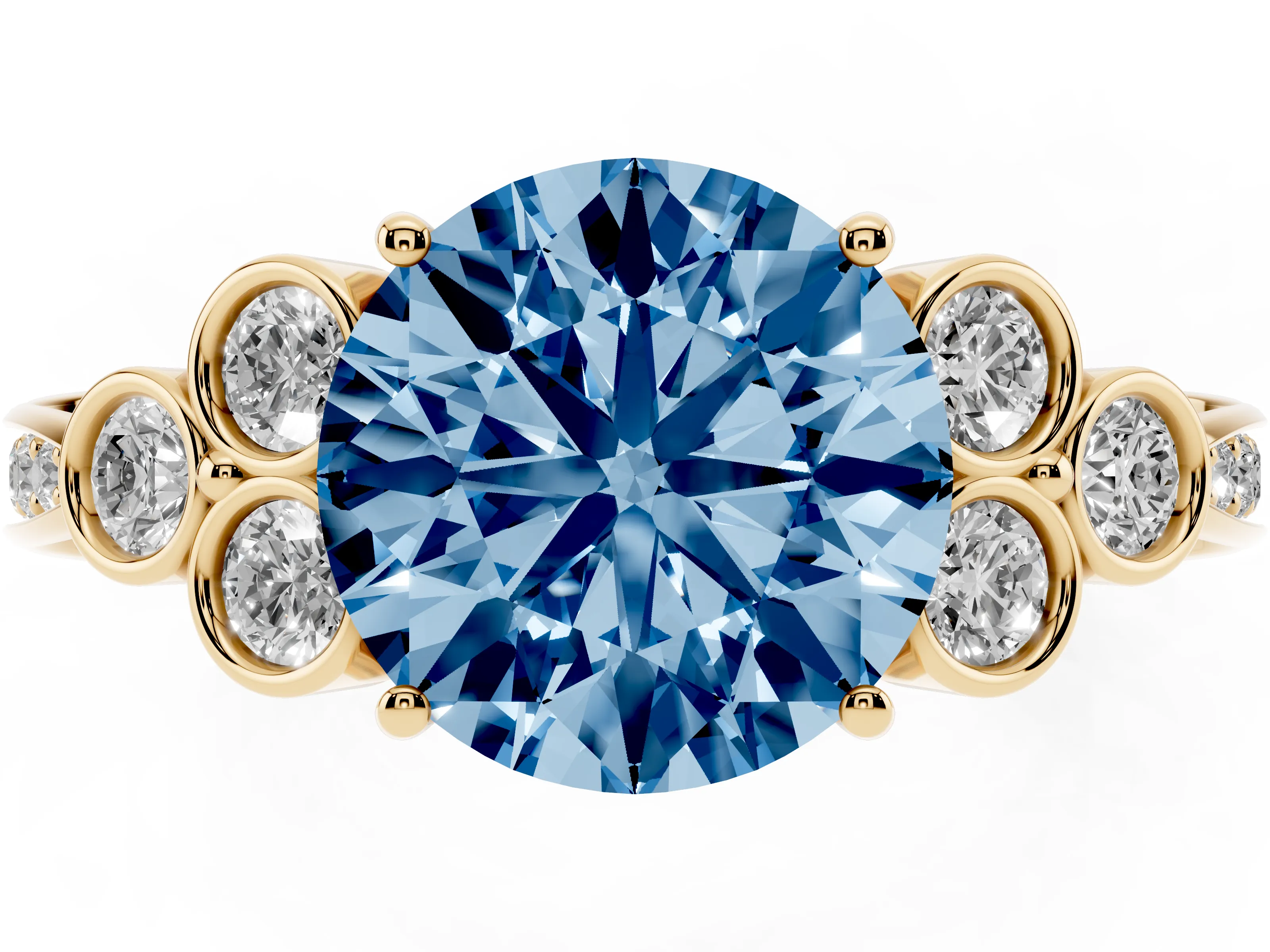 Fancy Blue Round Cut Diamond Engagement Ring Set in Yellow gold with Bezel Set Round Side Stones and Prong Setting