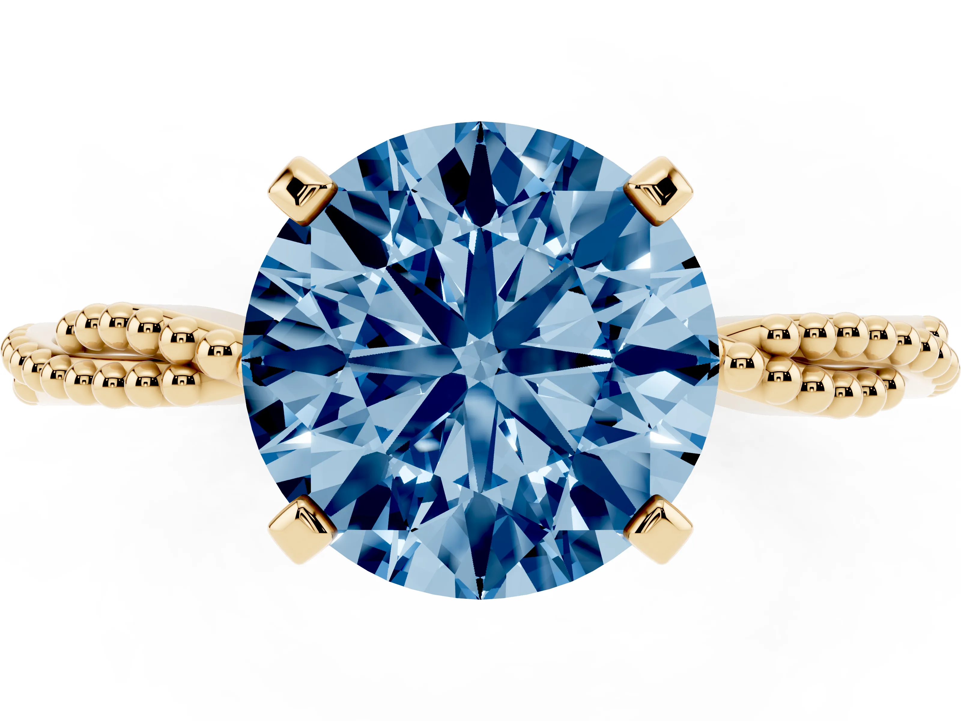 Fancy Blue Round Cut Diamond Solitaire Ring Set in Yellow gold with Twisted Band and Bead Prong Setting