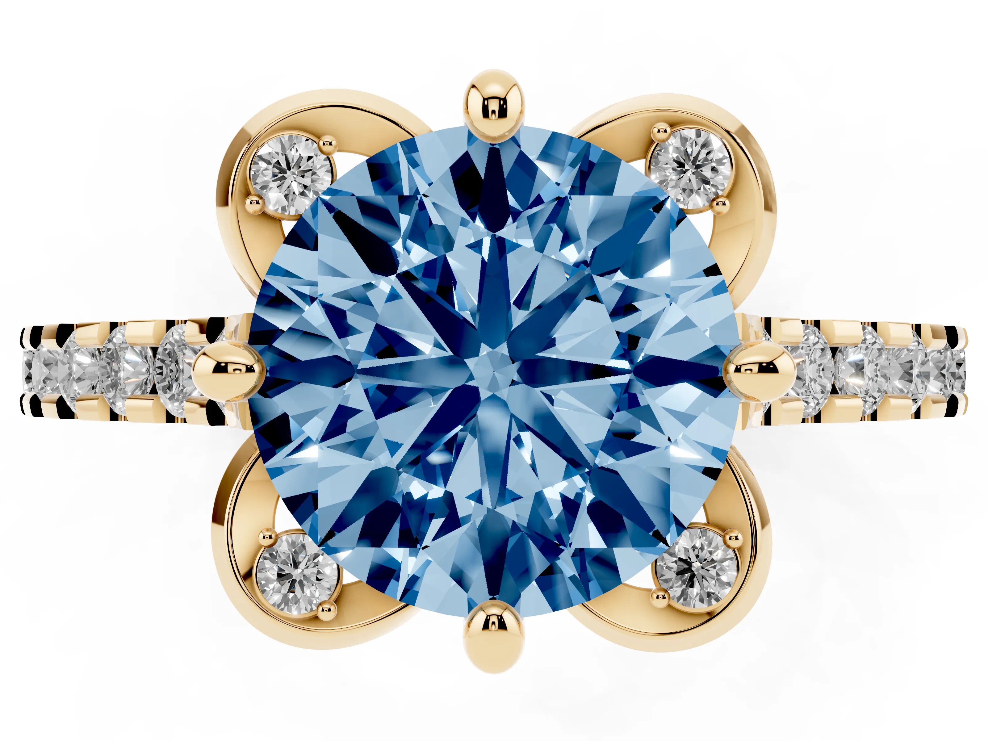 Fancy Blue Round Cut Diamond Solitaire Ring Set in Yellow gold with Pavé Band and Floral Prong Setting