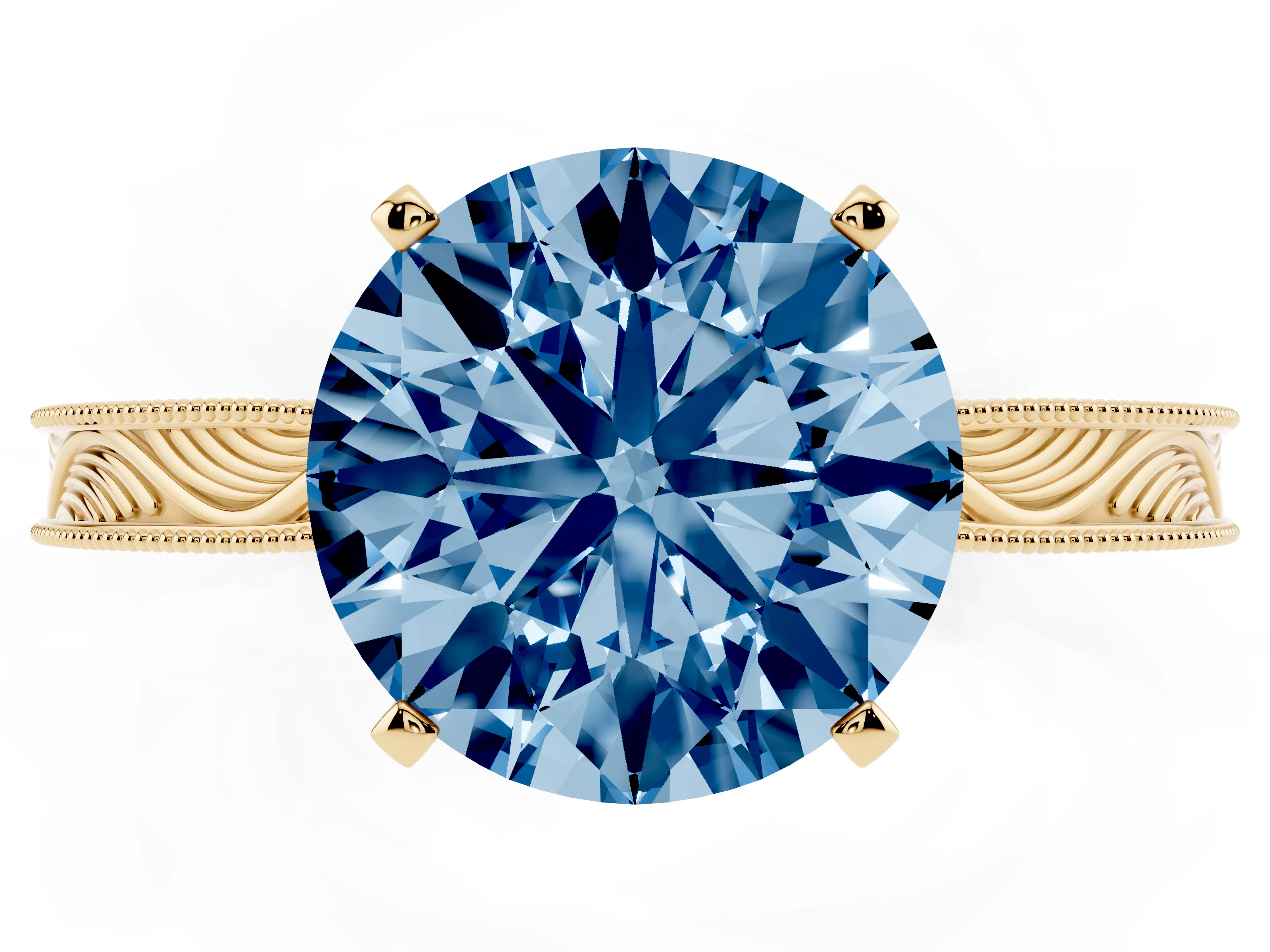 Fancy Blue Round Cut Diamond Solitaire Milgrain Engraved Band Set in Yellow gold with Prong Setting