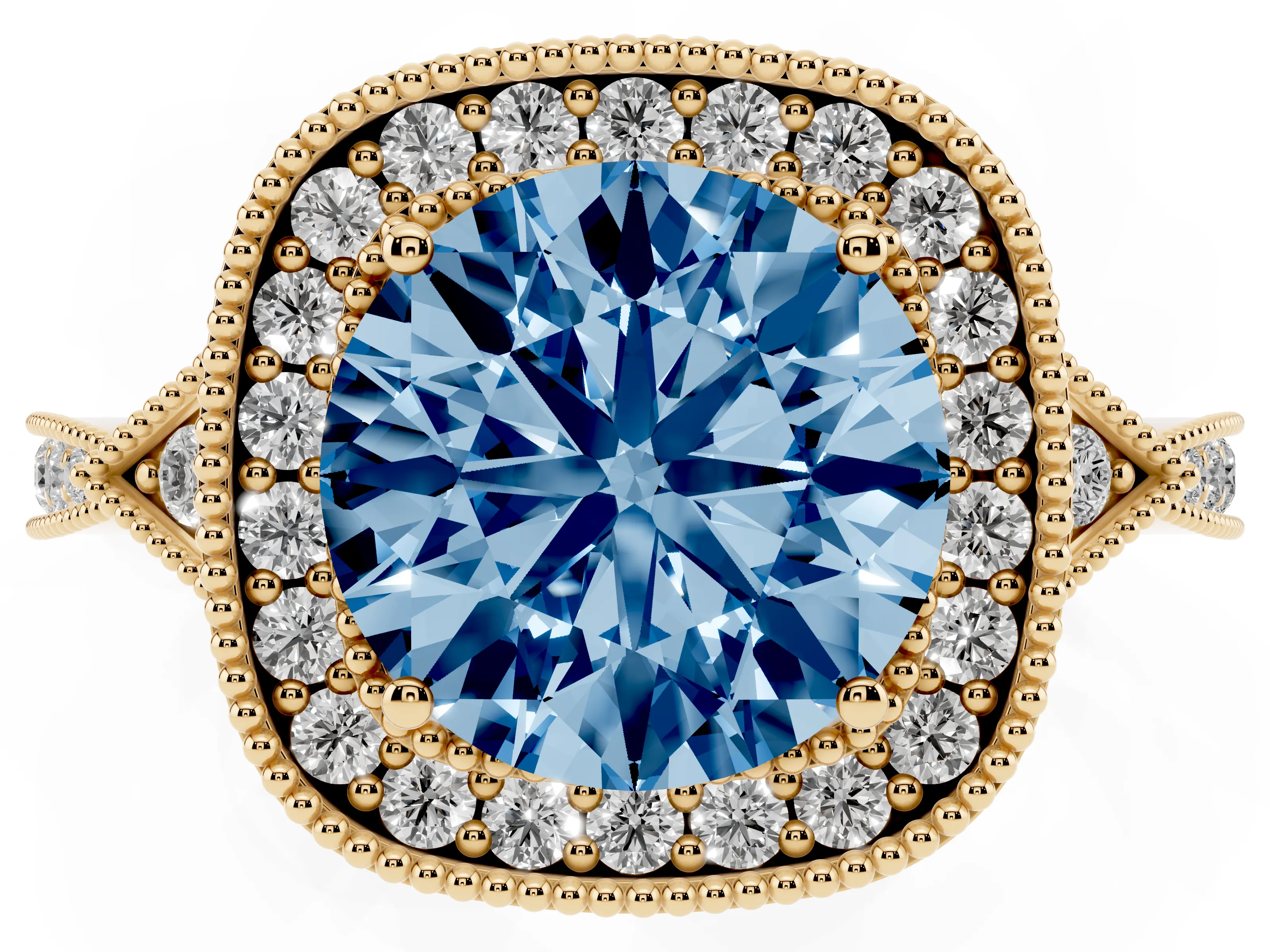 Fancy Blue Round Cut Diamond Halo Engagement Ring Set in Yellow gold with Milgrain Pavé Band