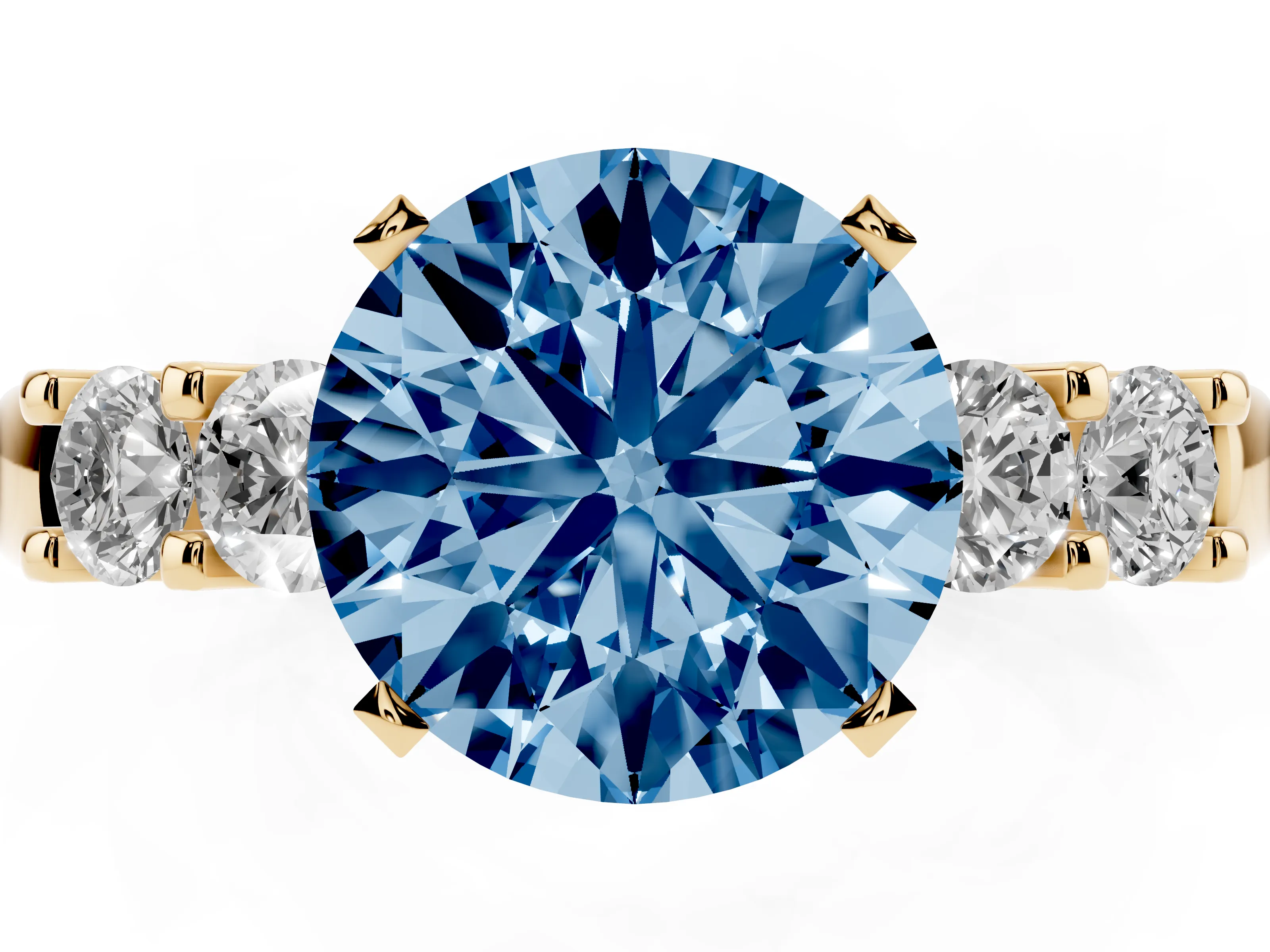 Fancy Blue Round Cut Diamond Five-Stone Prong Set Engagement Ring Set in Yellow gold with Channel Band