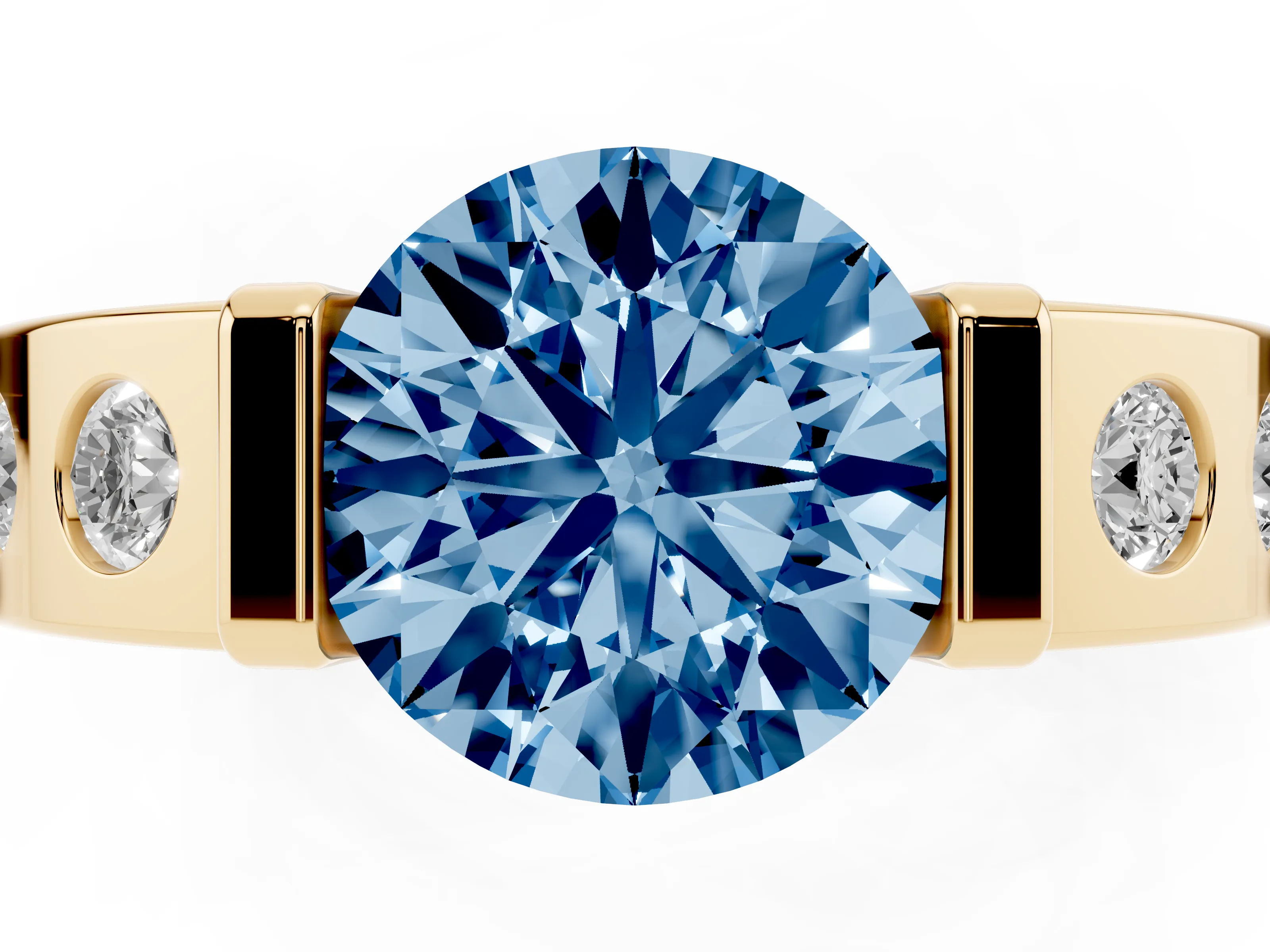 Fancy Blue Round Cut Diamond Channel-Set Band Ring Set in Yellow gold with Bezel Prong Setting