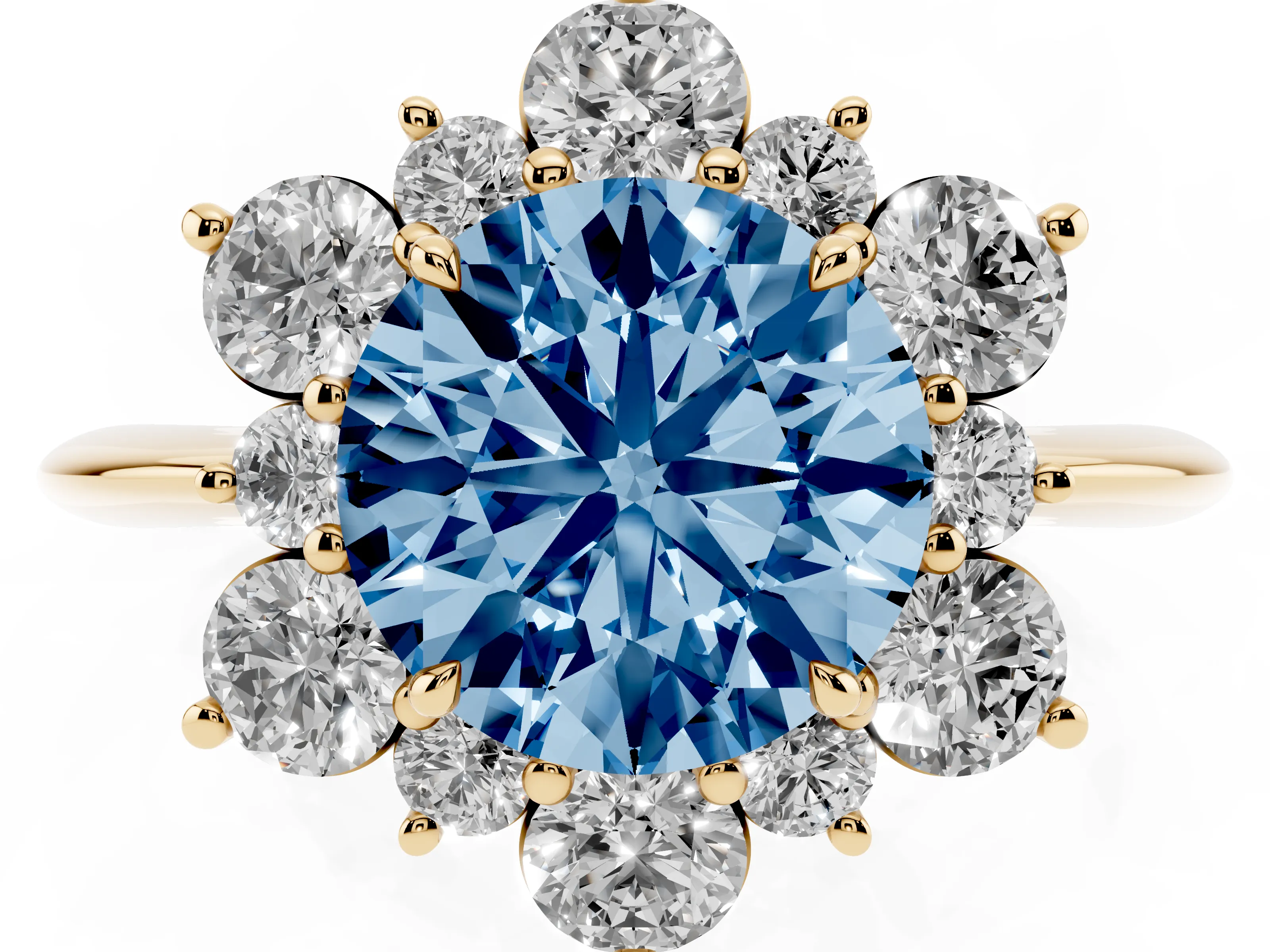 Fancy Blue Round Cut Diamond Cluster Halo Ring Set in Yellow gold with Solitaire Band and Prong Setting