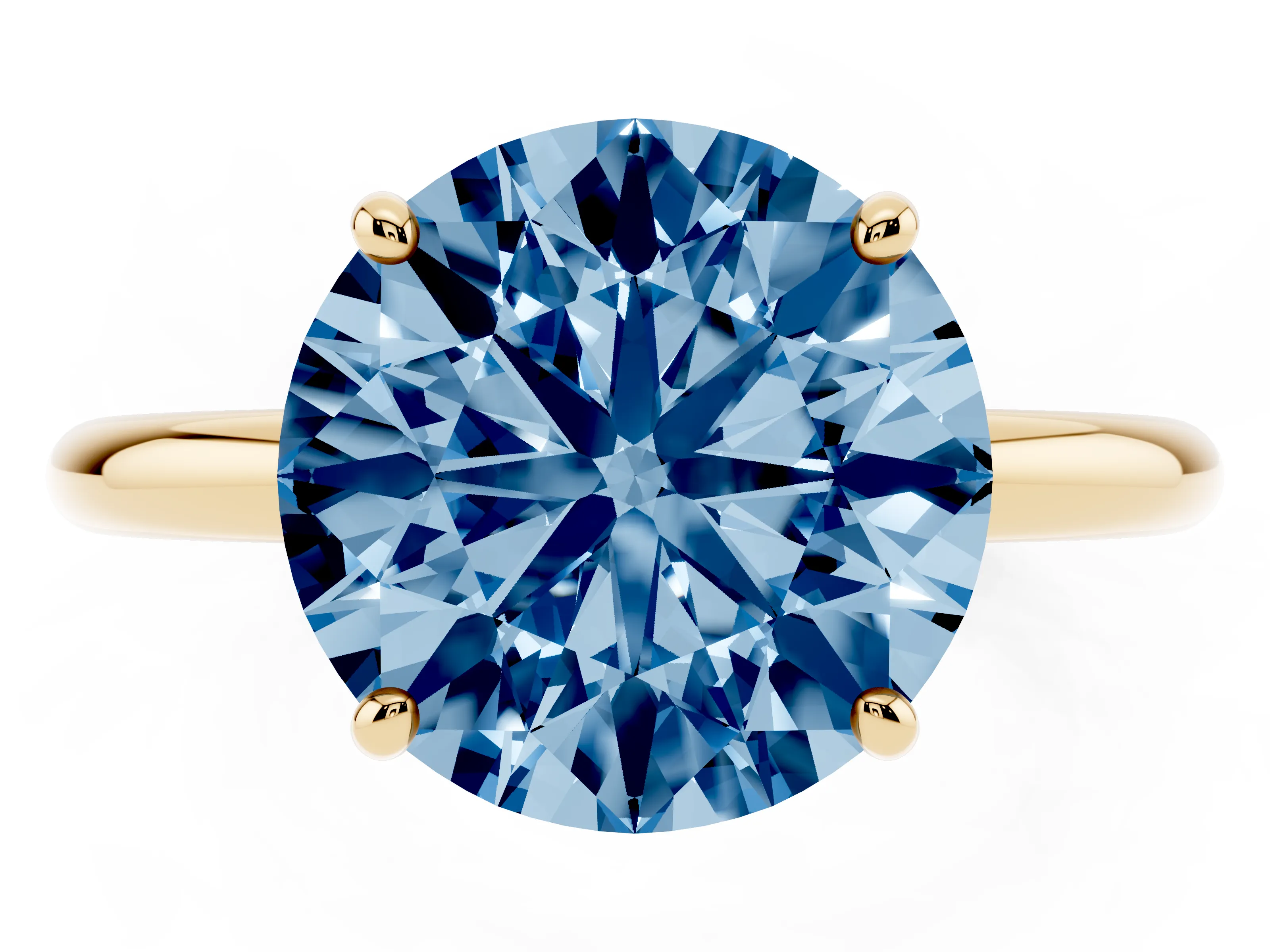 Fancy Blue Round Cut Diamond Solitaire Ring Set in Yellow gold with Prong Setting on a Polished Plain Band