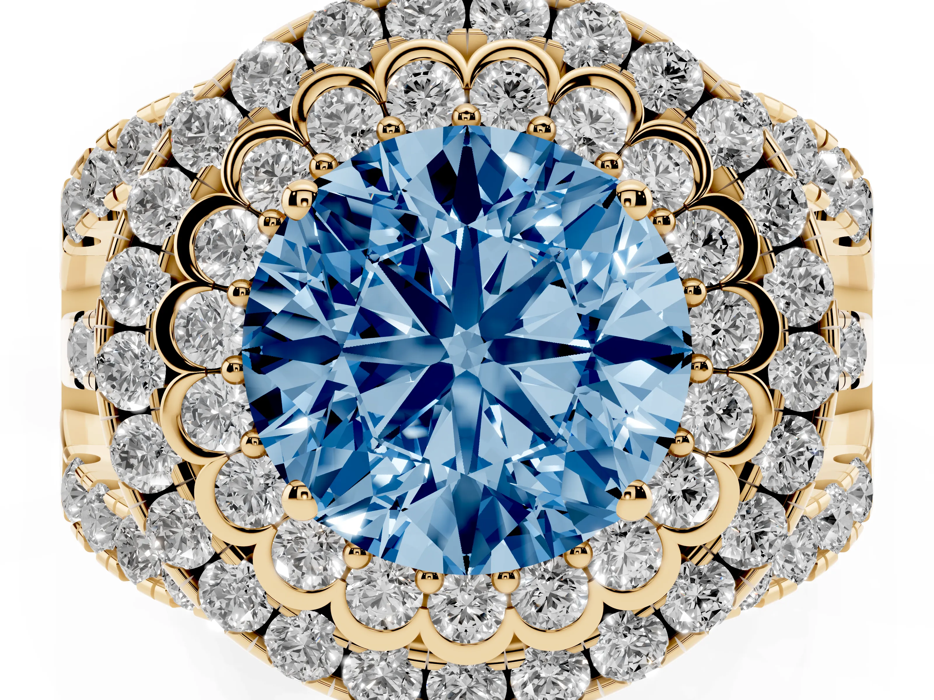Fancy Blue Round Cut Diamond Double Halo Ring Set in Yellow gold with Round Pavé Split Shank