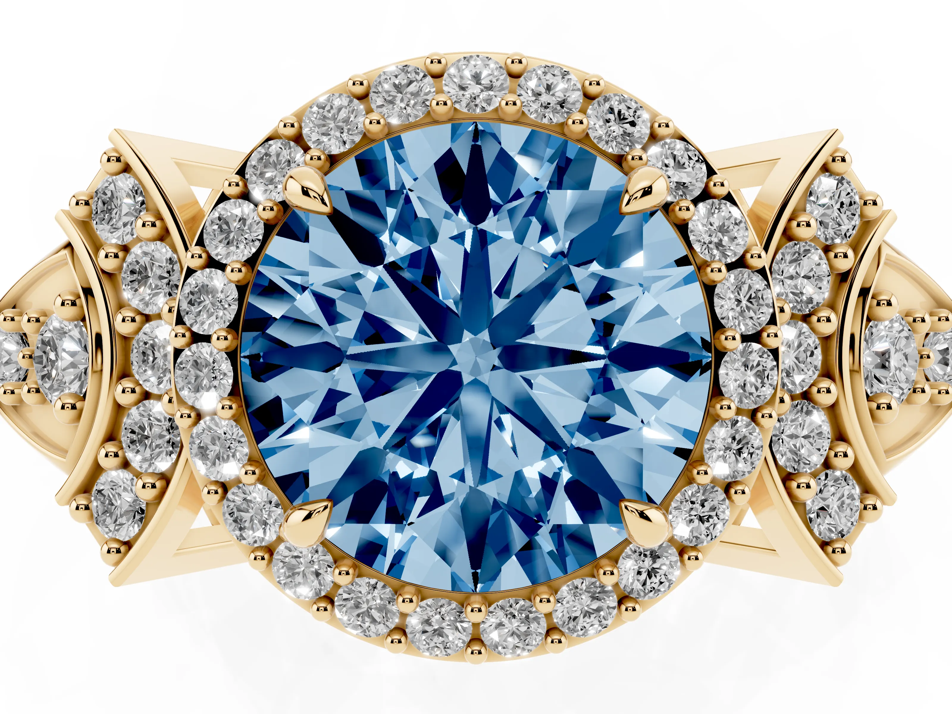 Fancy Blue Round Cut Diamond Halo Engagement Ring Set in Yellow gold with Accent Stone Split Shank