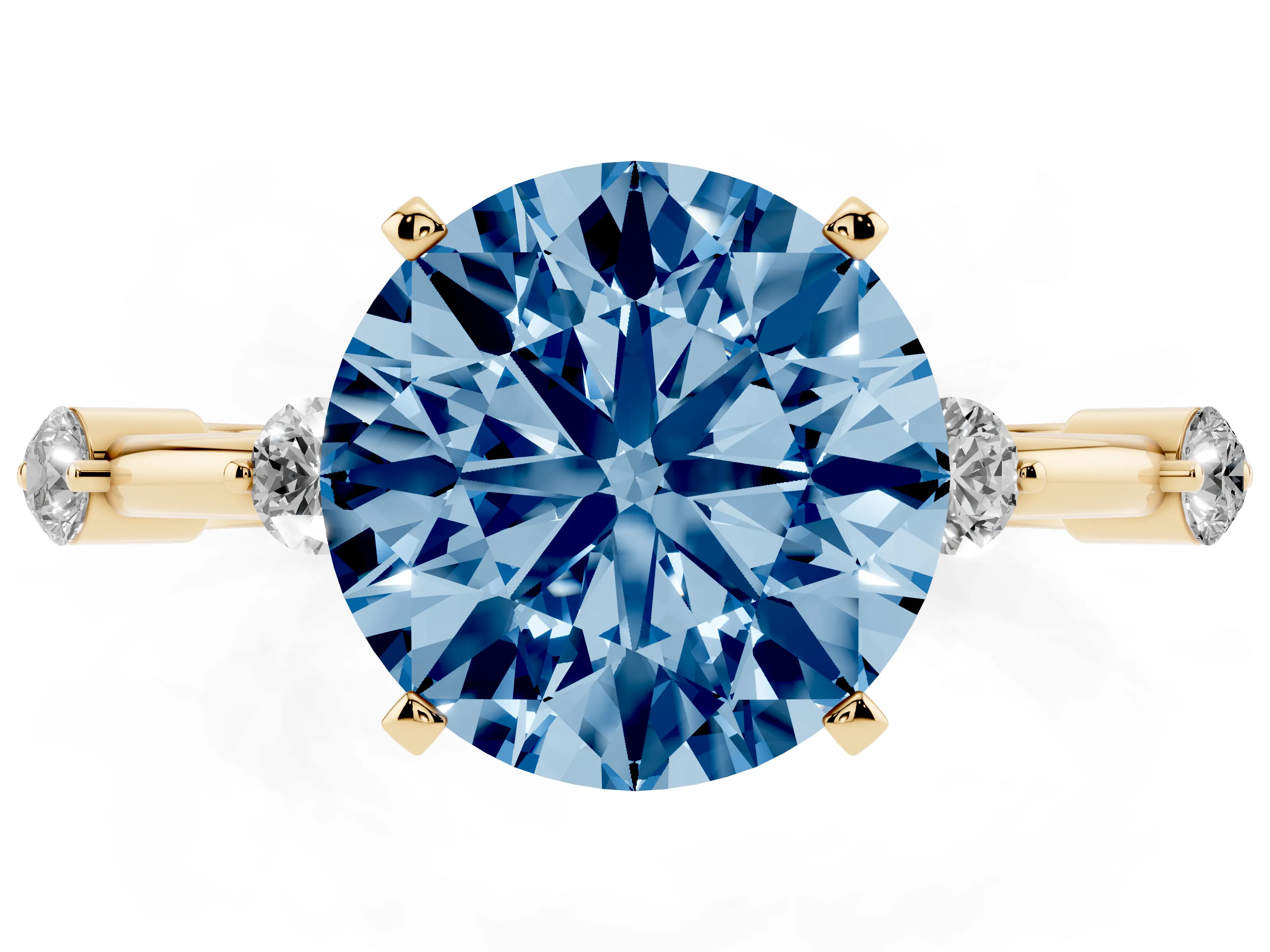 Fancy Blue Round Cut Diamond Solitaire Ring Set in Yellow gold with Bezel Set Side Stones and Prong Setting