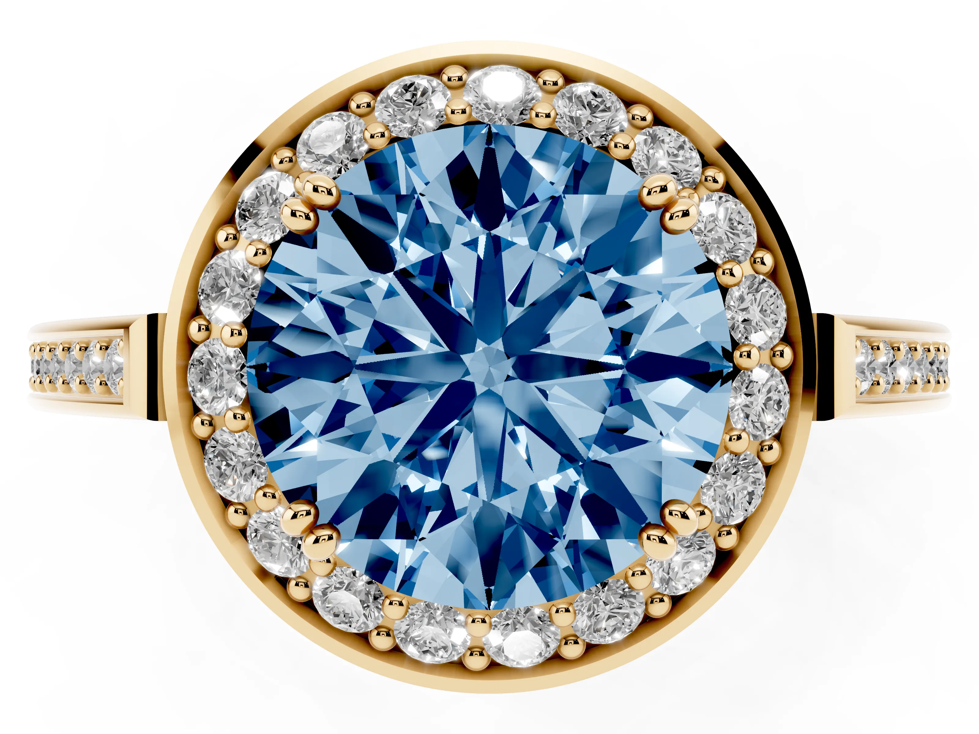 Fancy Blue Round Cut Diamond Halo Ring Set in Yellow gold with Accent-Lined Split Shank and Prong Setting