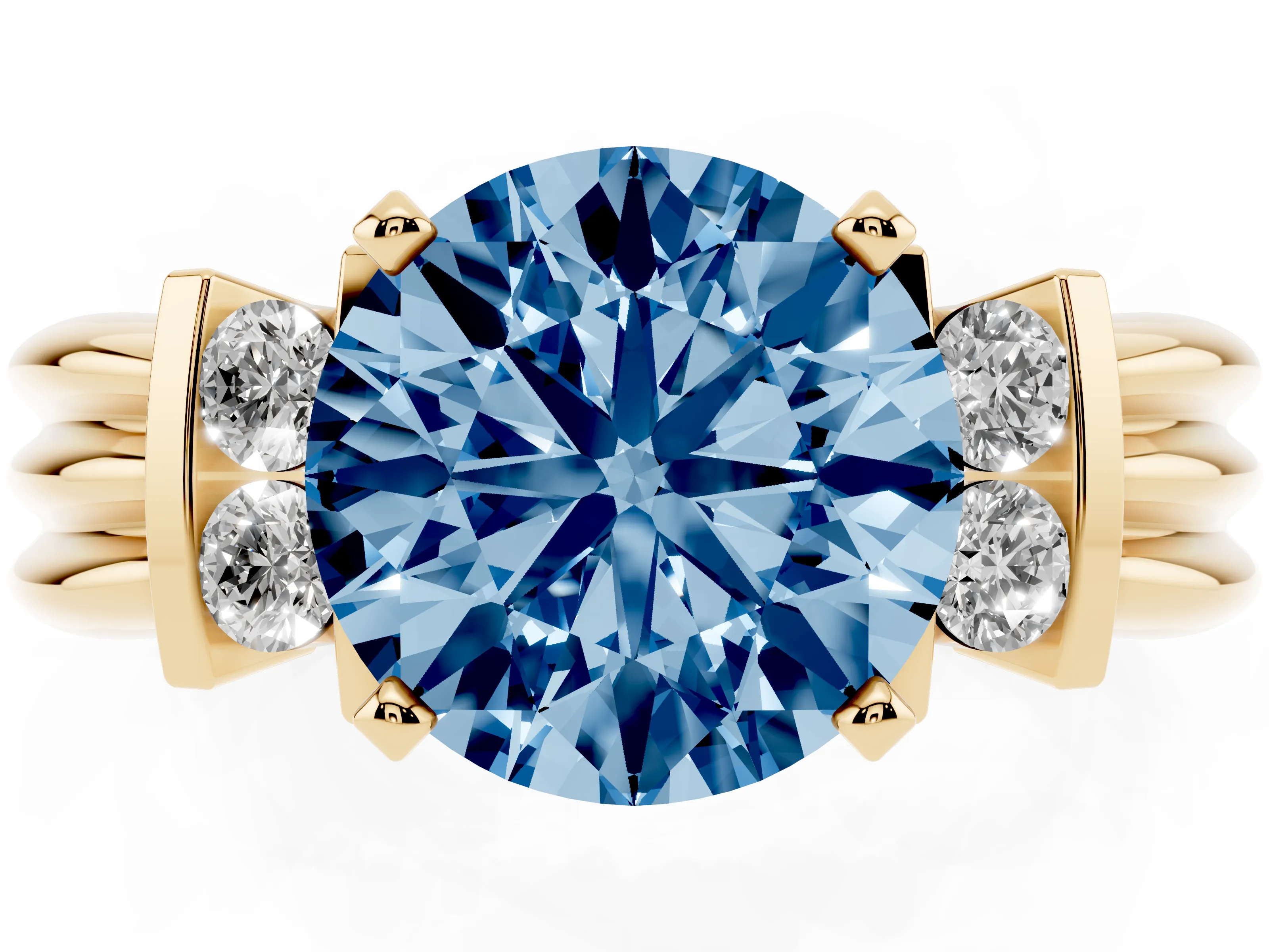 Fancy Blue Three-Stone Round Cut Diamond Channel Set Ring Set in Yellow gold with Bar Prongs