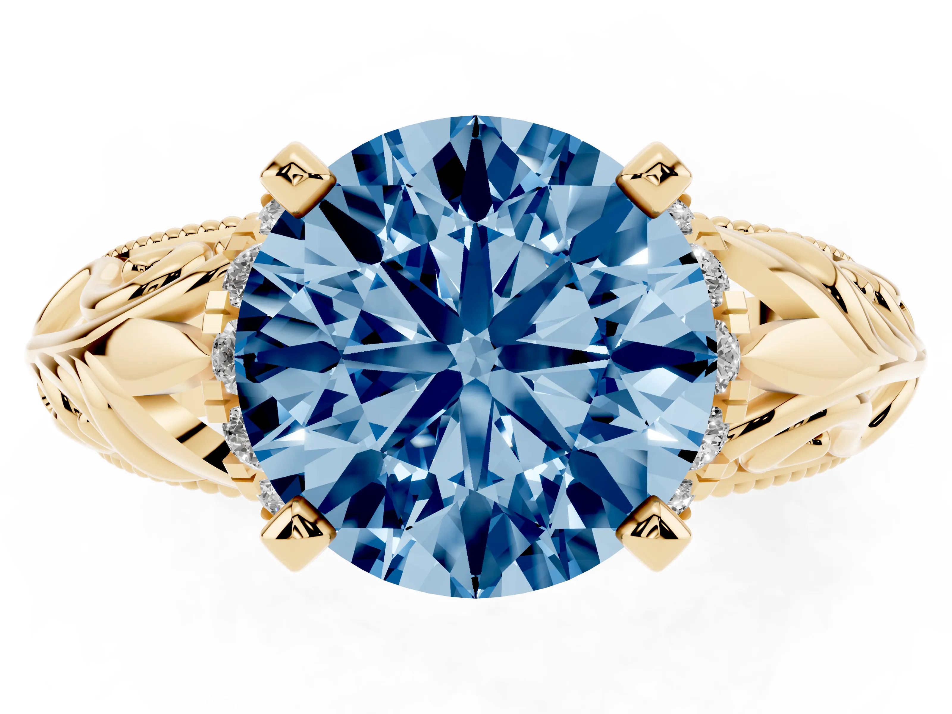 Fancy Blue Round Cut Diamond Filigree Halo Engagement Ring Set in Yellow gold with Prong Setting
