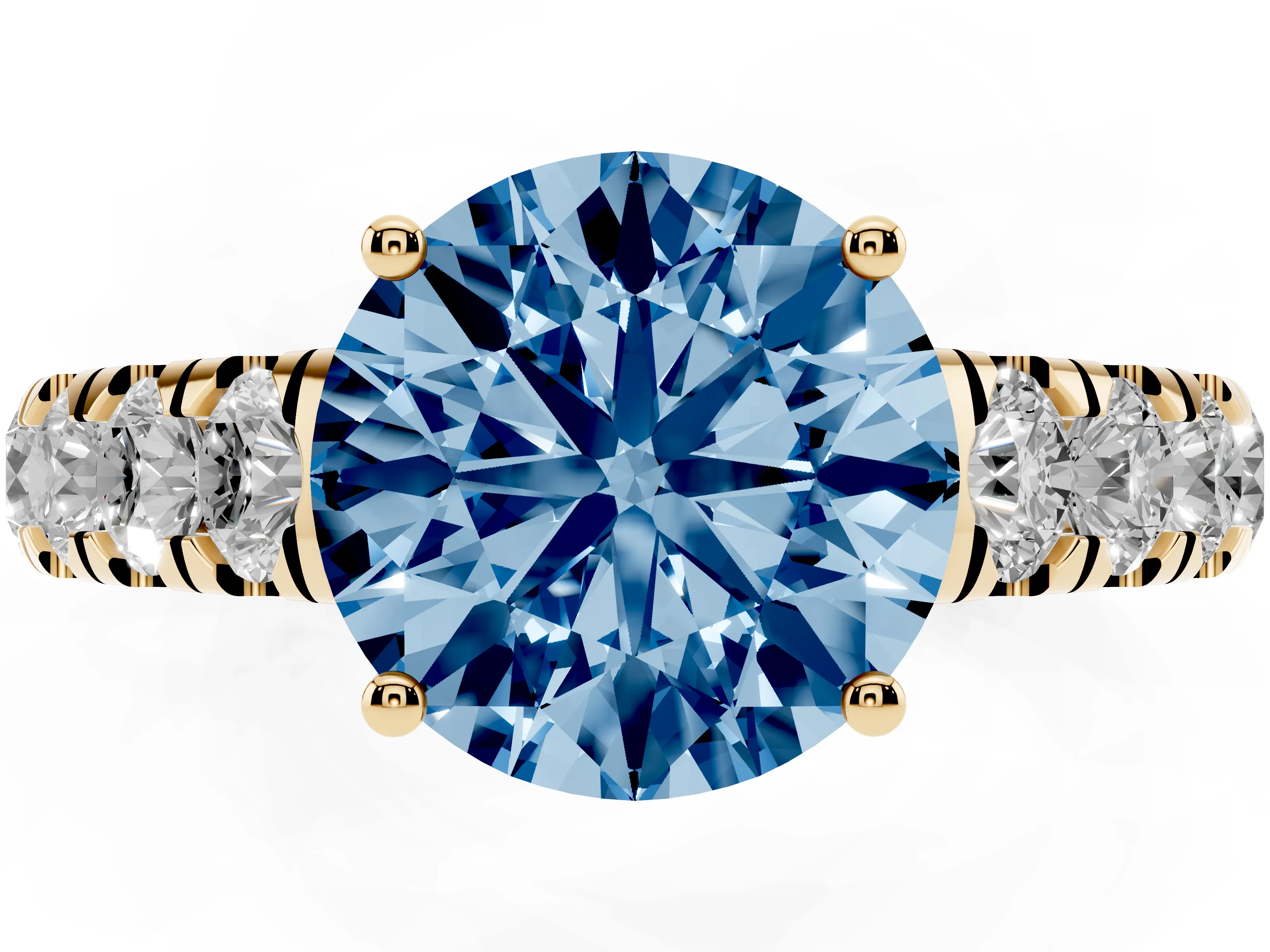 Fancy Blue Round Cut Diamond Solitaire Ring Set in Yellow gold with Cut-Down Micro Pavé Band and Prong Setting