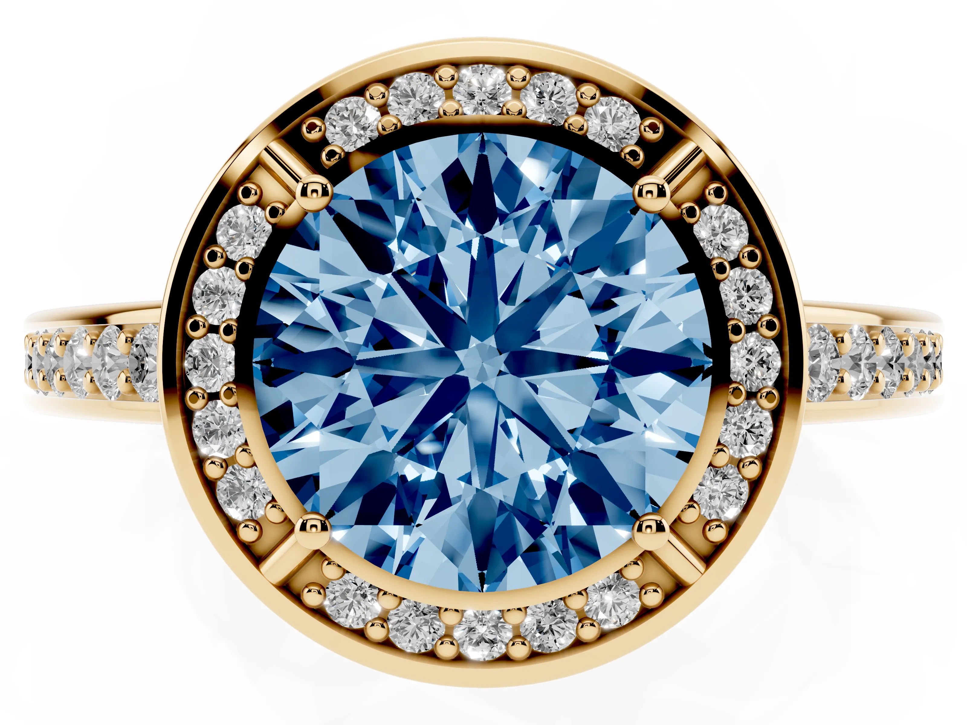 Fancy Blue Round Cut Diamond Halo Pavé Split Shank Ring Set in Yellow gold with Prong Setting