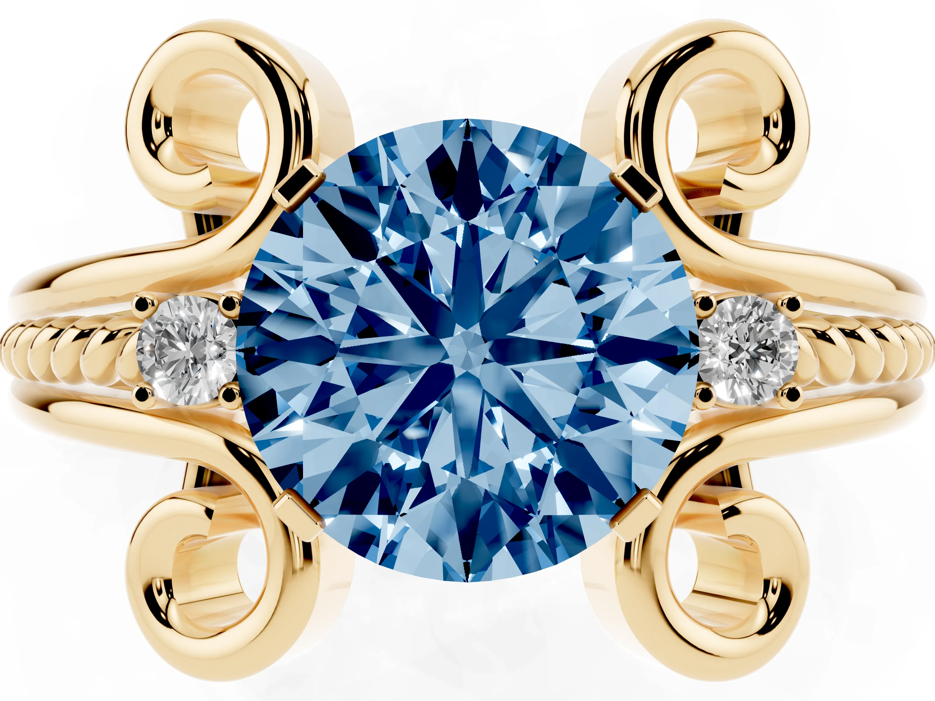 Fancy Blue Round Cut Diamond Twisted Band Solitaire Ring Set in Yellow gold with Scroll Prongs