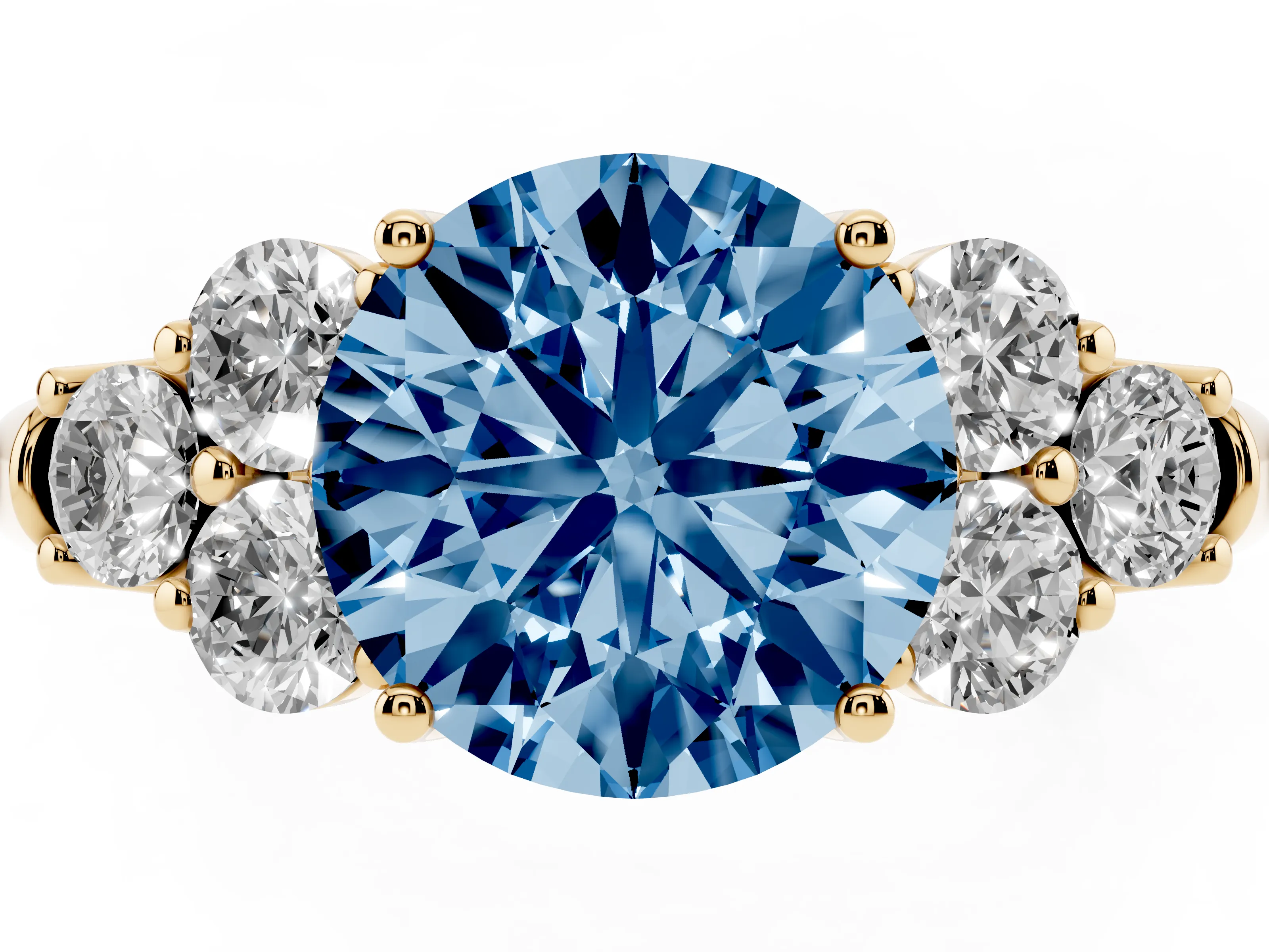 Fancy Blue Round Cut Diamond Cluster Ring Set in Yellow gold with Round Accent Stones and Prong Setting on a Plain Band