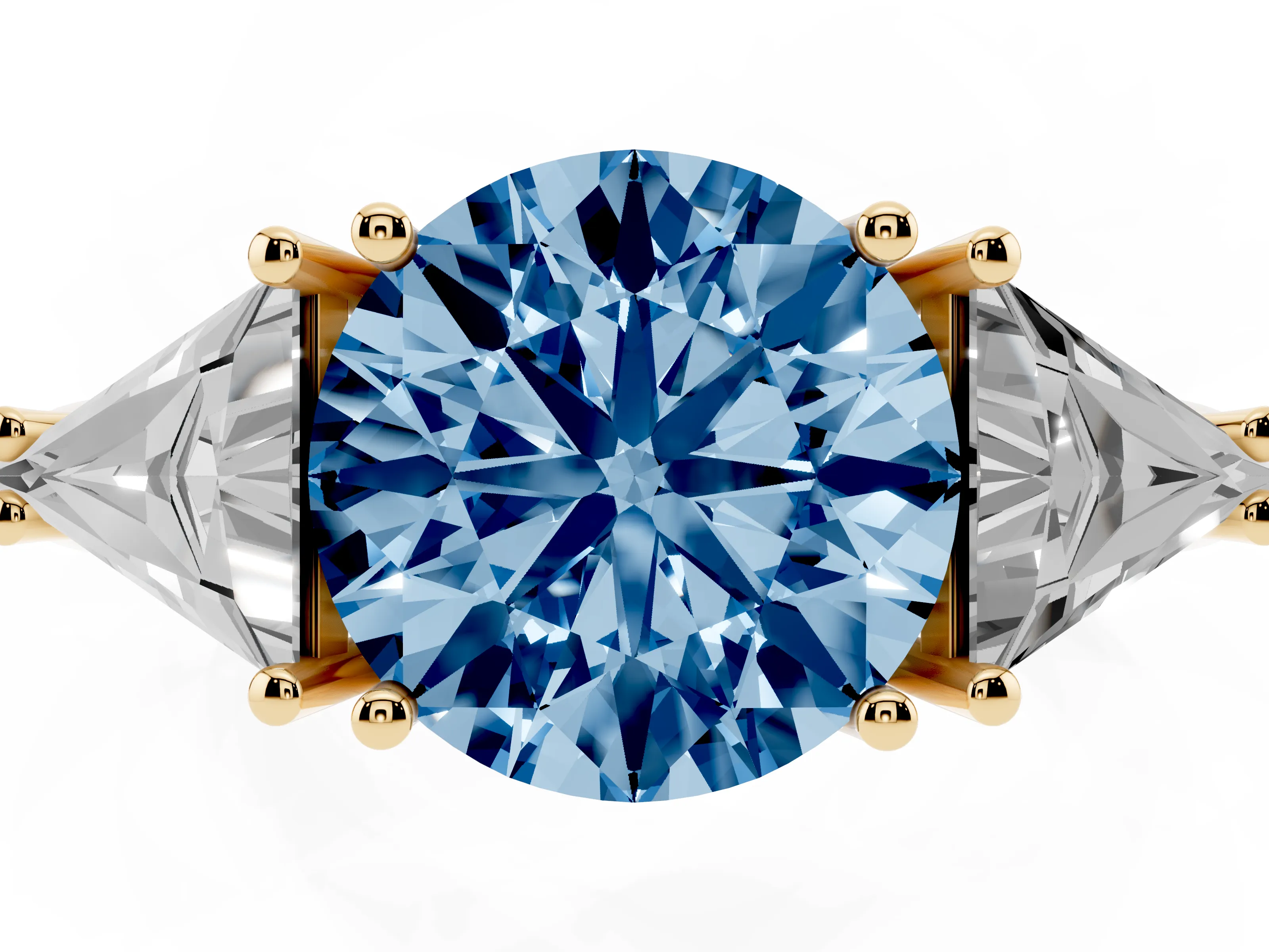 Fancy Blue Round Cut Diamond Three-Stone Engagement Ring Set in Yellow gold with Trillion Side Stones