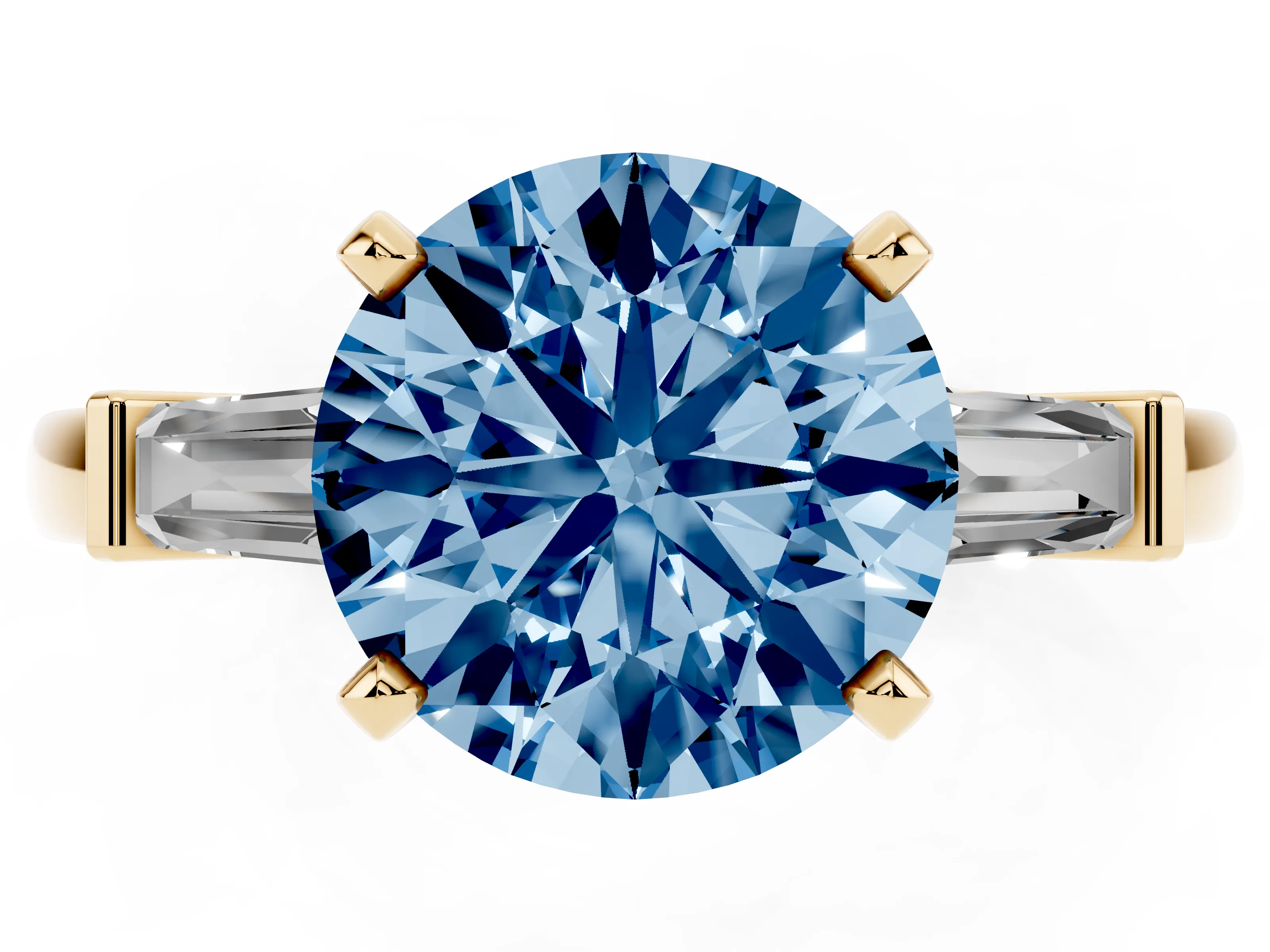 Fancy Blue Round Cut Diamond Solitaire Ring Set in Yellow gold with Tapered Baguette Accents and Prong Setting