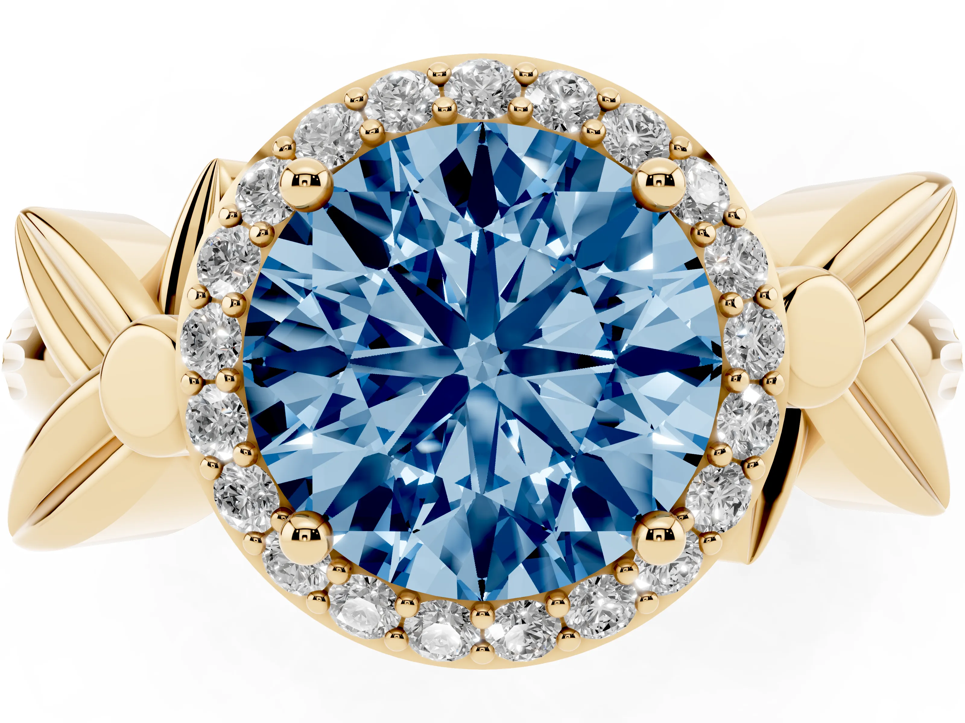 Fancy Blue Round Cut Diamond Halo Floral Band Ring Set in Yellow gold with Prong Setting