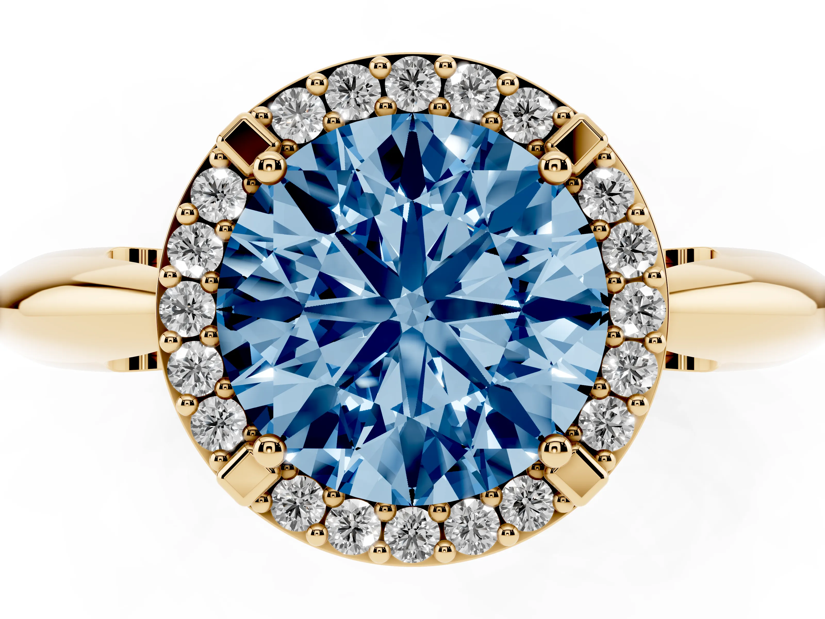 Fancy Blue Round Cut Diamond Halo Engagement Ring Set in Yellow gold with Plain Split Shank and Prong Setting