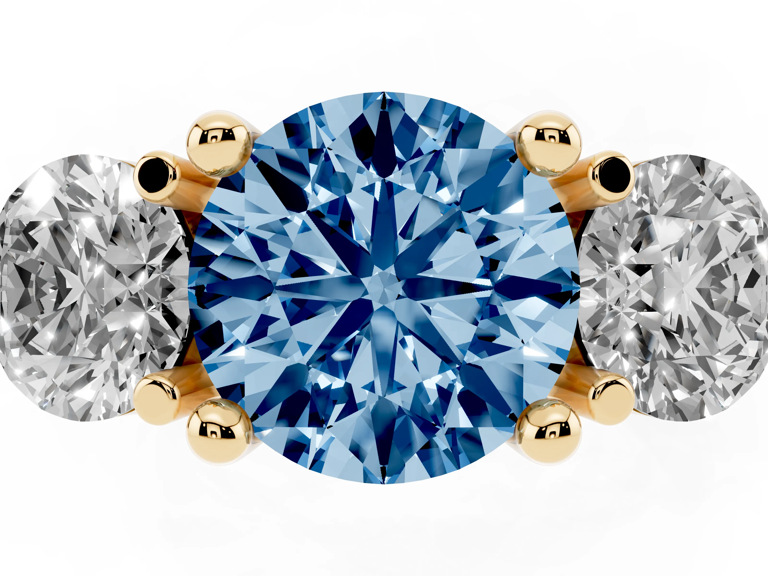 Fancy Blue Round Cut Diamond Three-Stone Ring Set in Yellow gold with Prong Setting and Classic Band