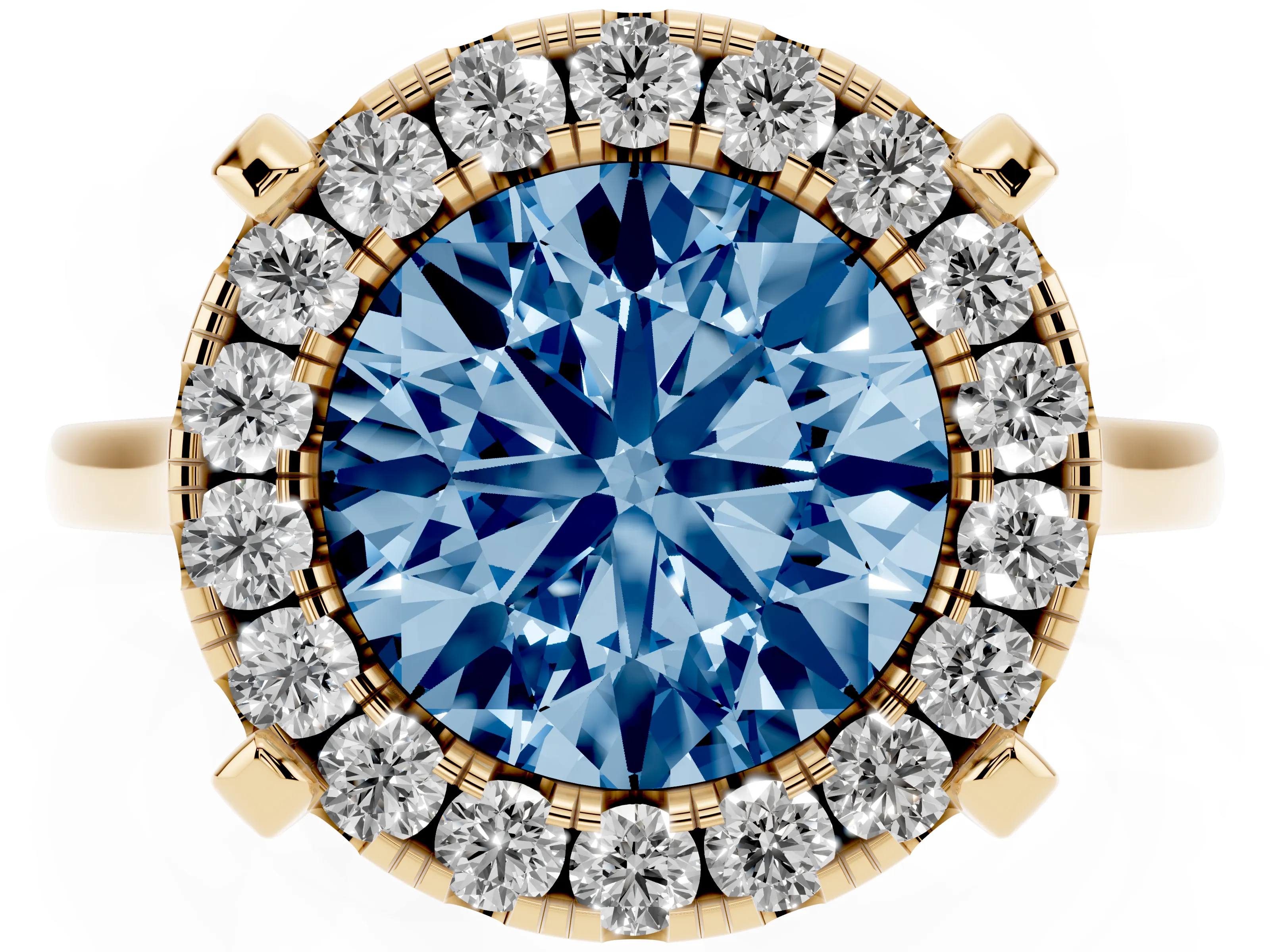 Fancy Blue Round Cut Diamond Cluster Halo Solitaire Ring Set in Yellow gold with Prong Setting