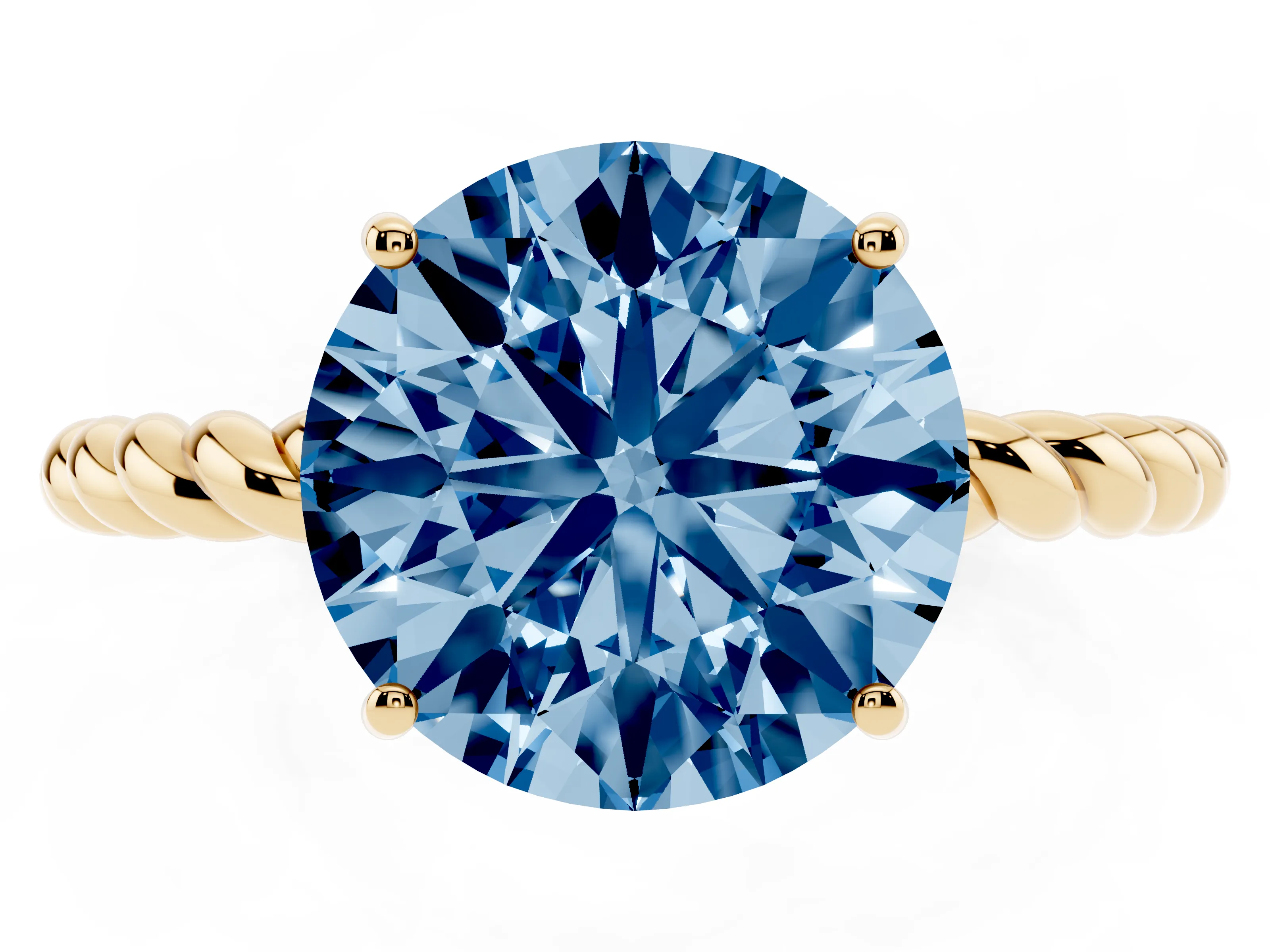 Fancy Blue Round Cut Diamond Solitaire Ring Set in Yellow gold with Twist Band and Prong Setting
