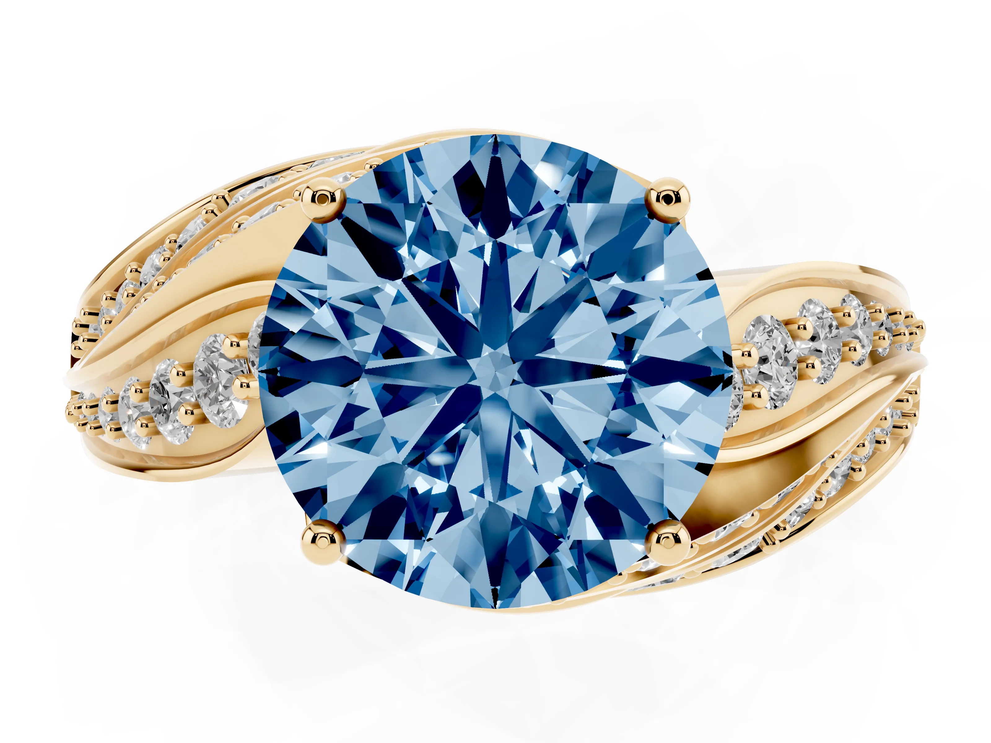Fancy Blue Round Cut Diamond Solitaire Ring Set in Yellow gold with Layered Twist Pavé Band