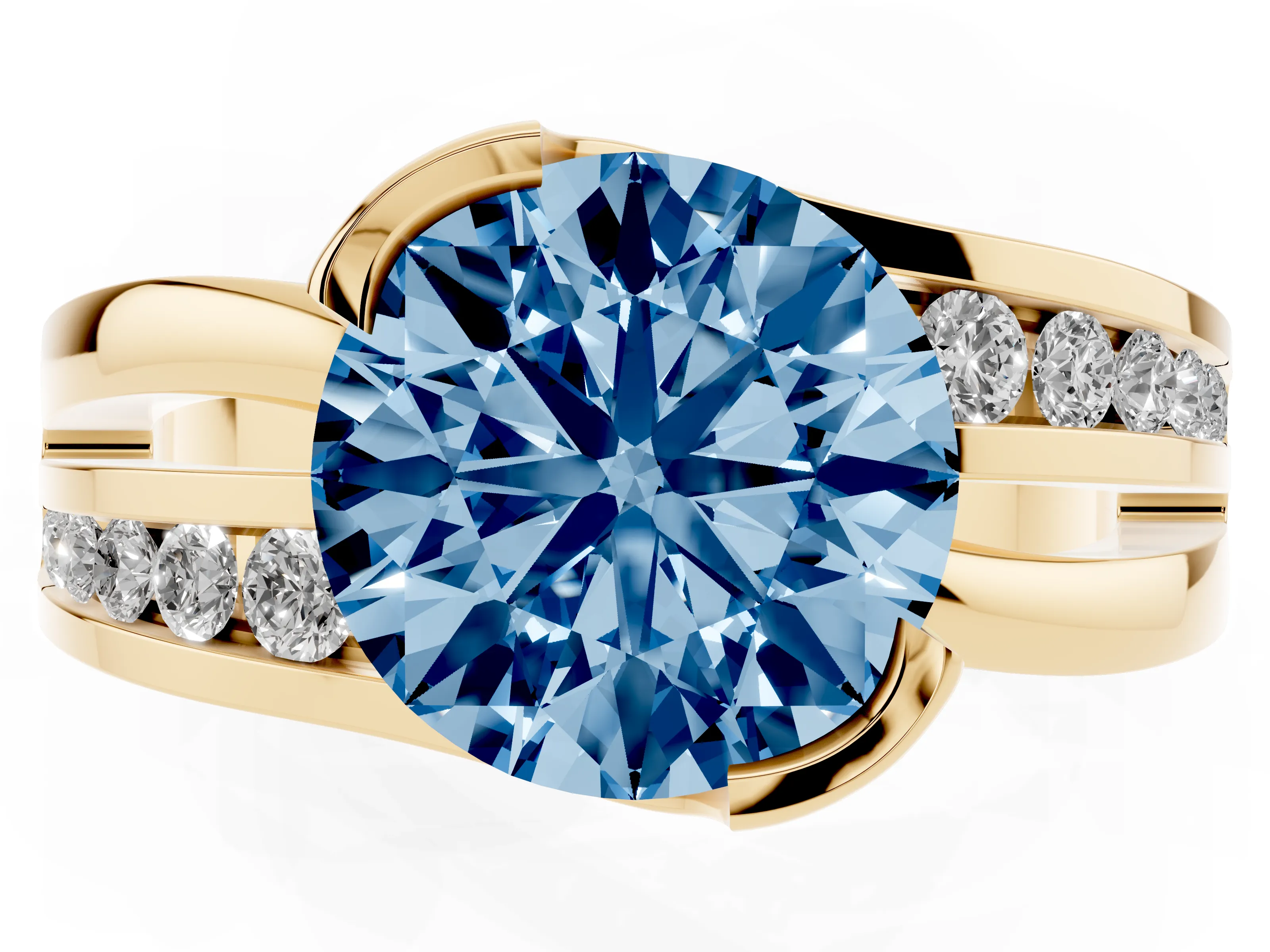 Fancy Blue Round Cut Diamond Solitaire Ring Set in Yellow gold with Channel Set Split Shank and Tension Prongs