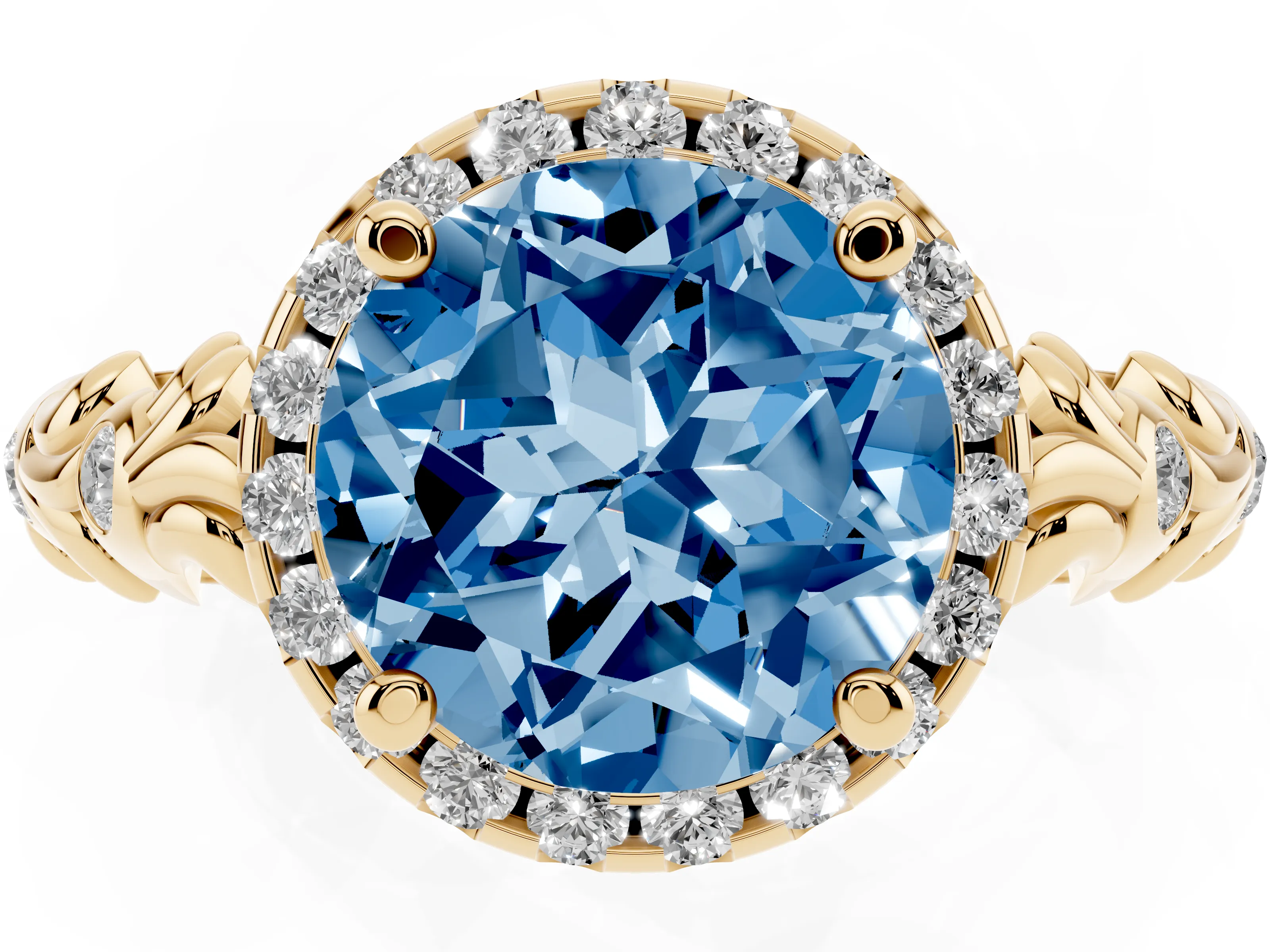 Fancy Blue Round Cut Diamond Halo Ring Set in Yellow gold with Filigree Leaf Band and Prong Setting
