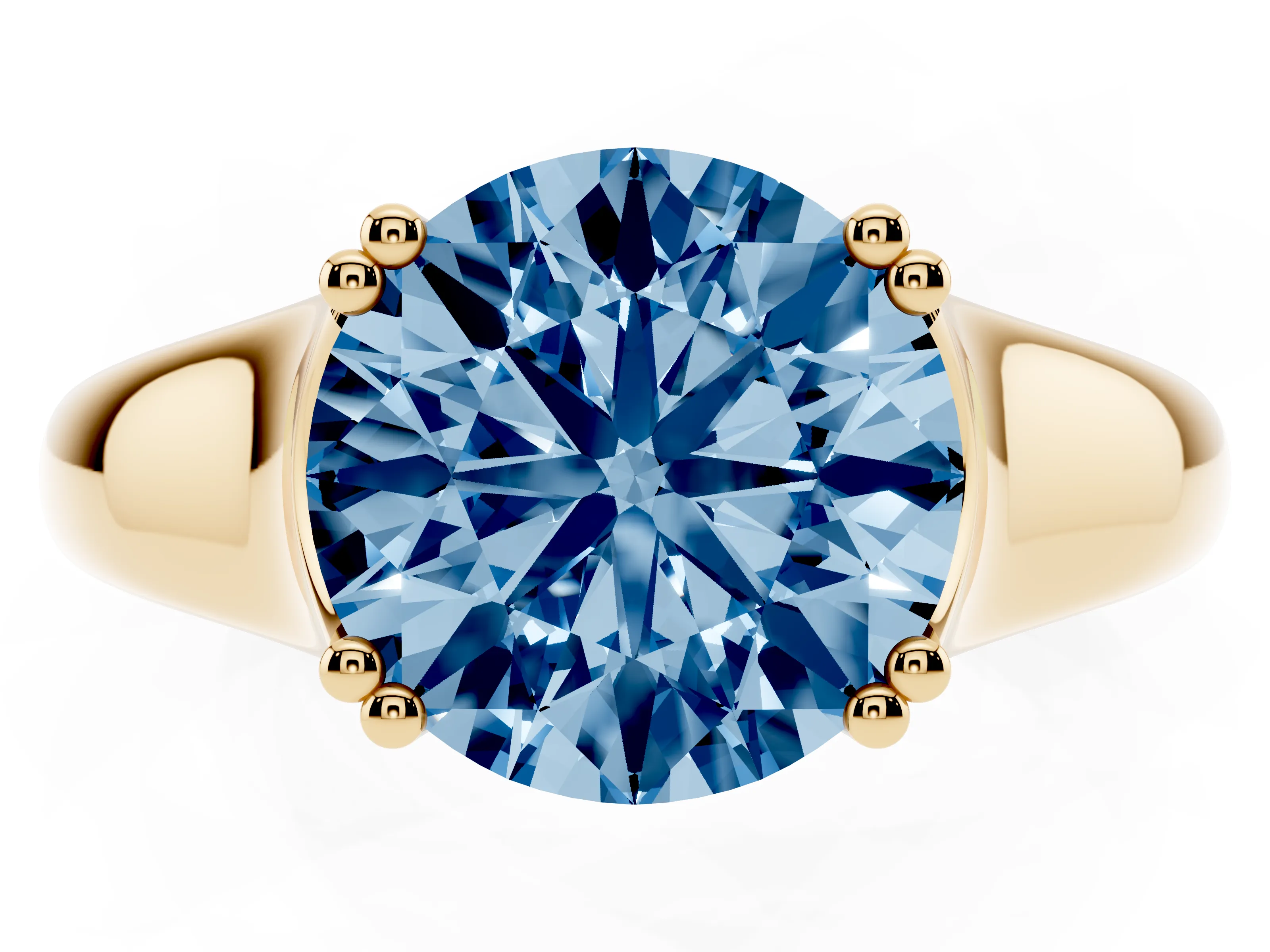 Fancy Blue Round Cut Diamond Solitaire Ring Set in Yellow gold with Wide Band and Prong Setting
