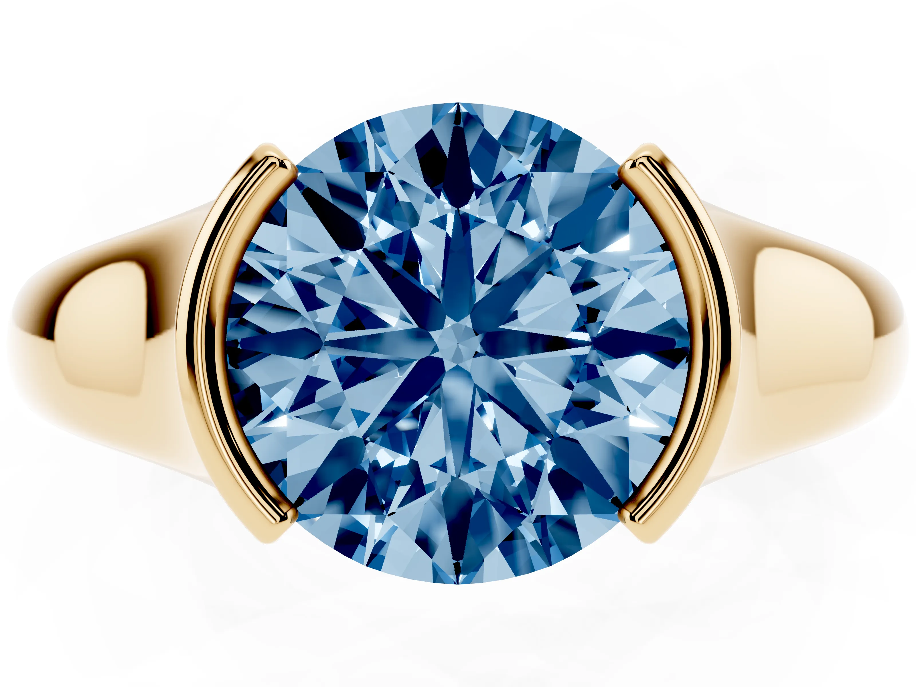 Fancy Blue Round Cut Diamond Solitaire Tension Set Ring Set in Yellow gold with Split Shank Band