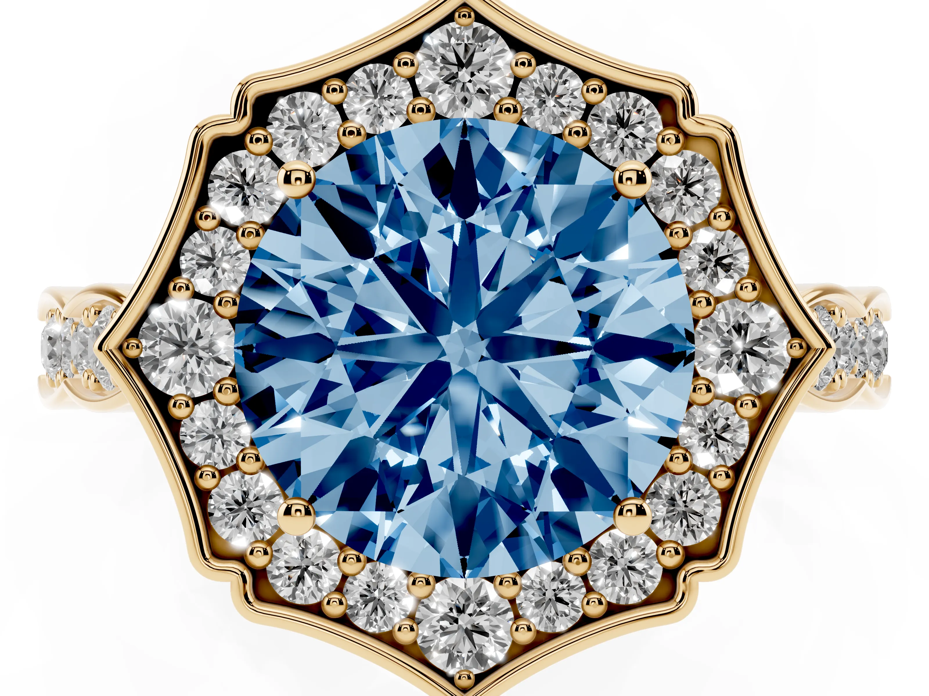 Fancy Blue Round Cut Diamond Halo Engagement Ring Set in Yellow gold with Milgrain Band and Prong Setting