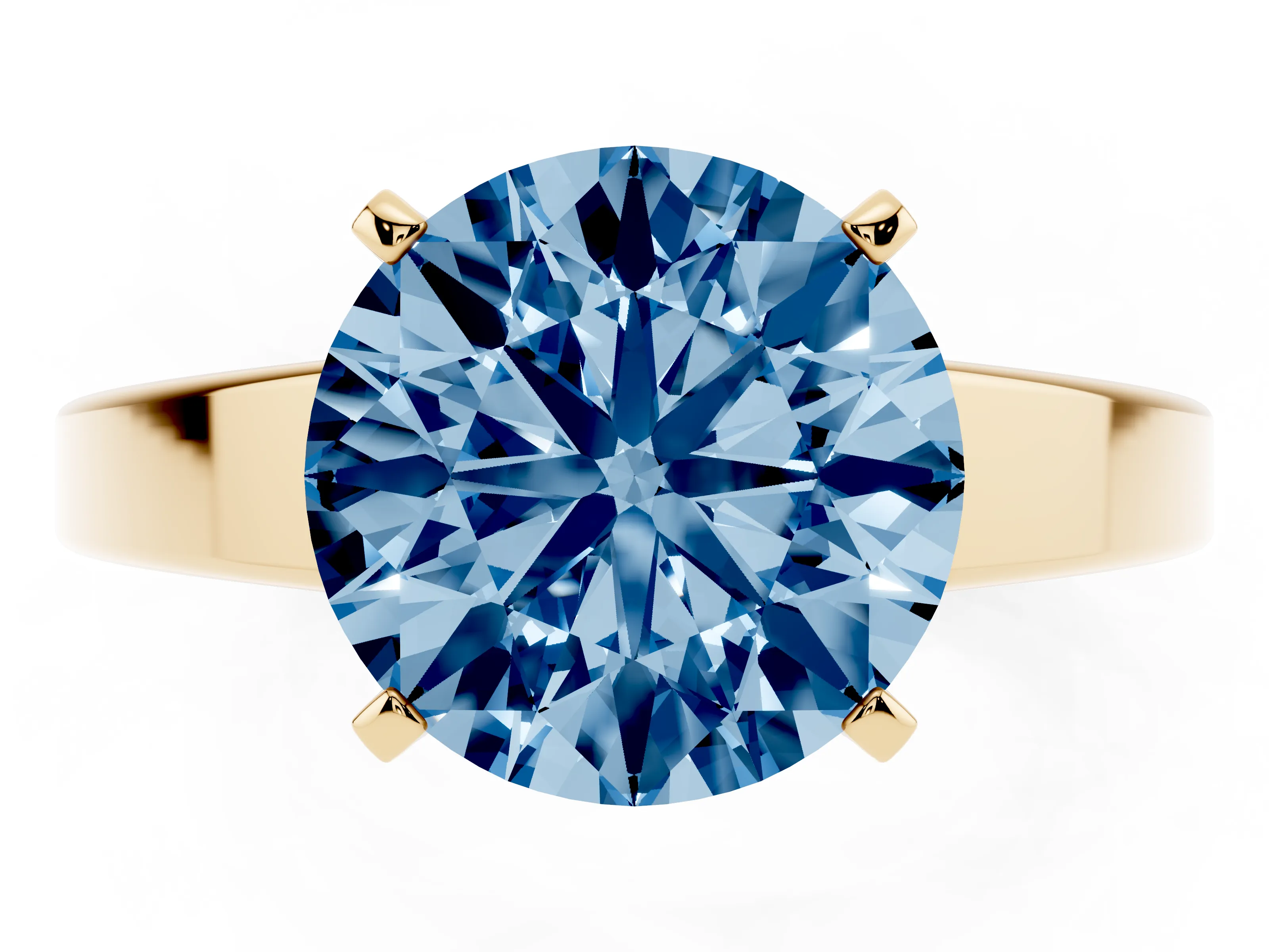 Fancy Blue Round Cut Diamond Solitaire Engagement Ring Set in Yellow gold with Prong Setting and Tapered Band