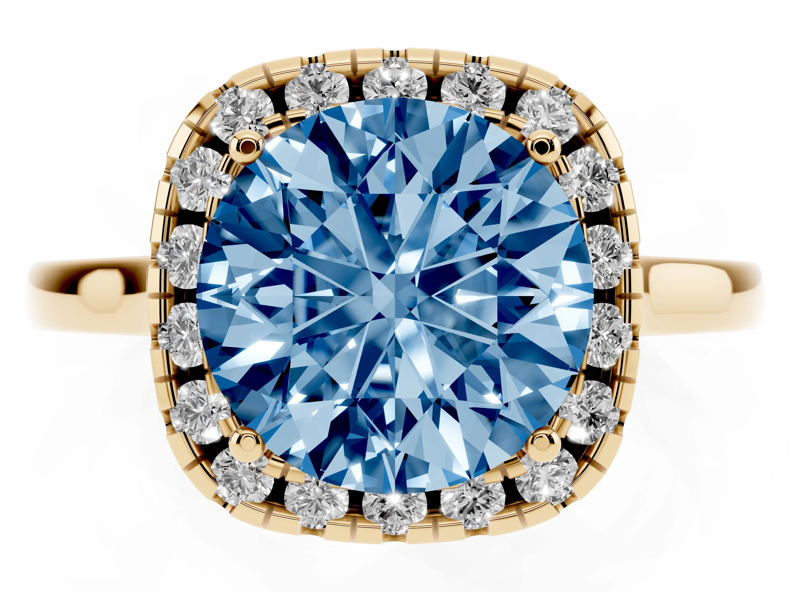 Fancy Blue Round Cut Halo Round Diamond Solitaire Ring Set in Yellow gold with Pavé Band and Prong Setting