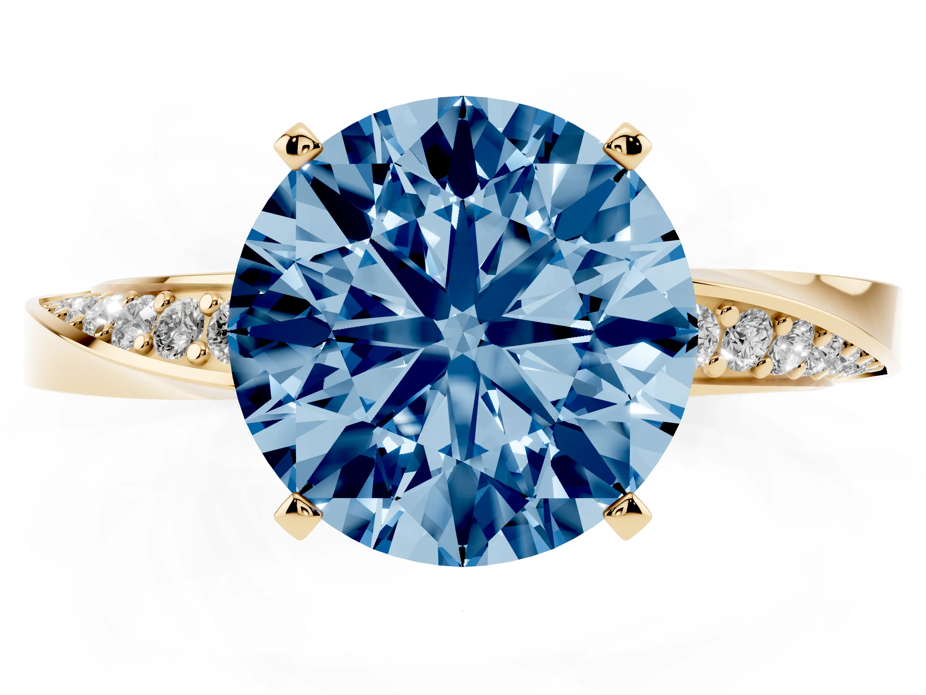 Fancy Blue Round Cut Diamond Engagement Ring Set in Yellow gold with Side Stone Accents and Prong Setting