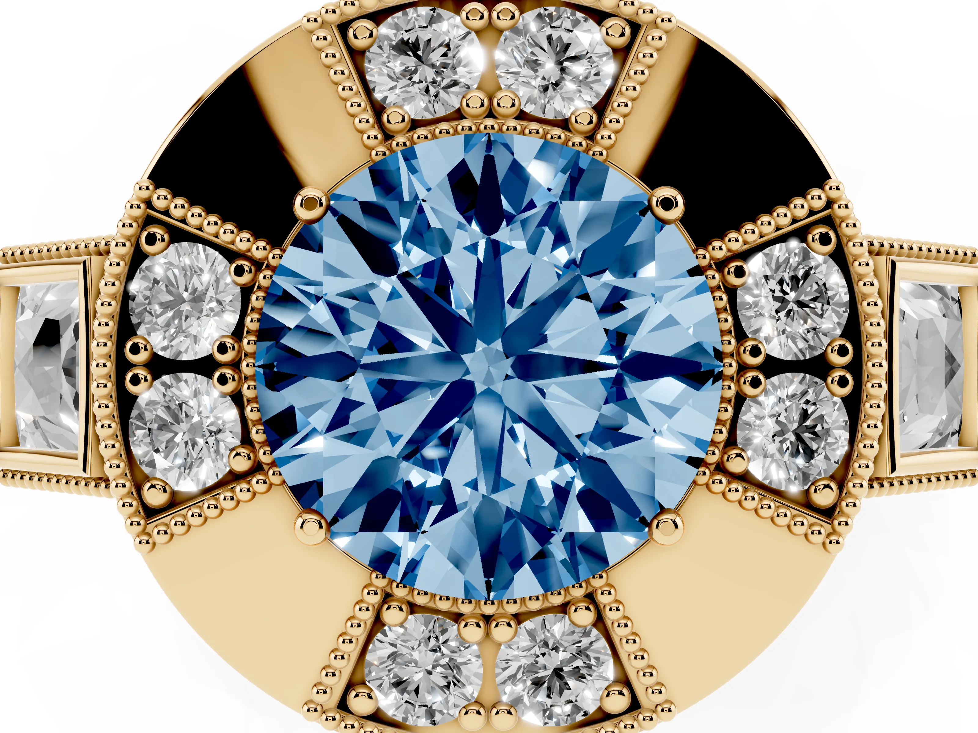 Fancy Blue Round Cut Diamond Milgrain Halo Ring Set in Yellow gold with Split Shank