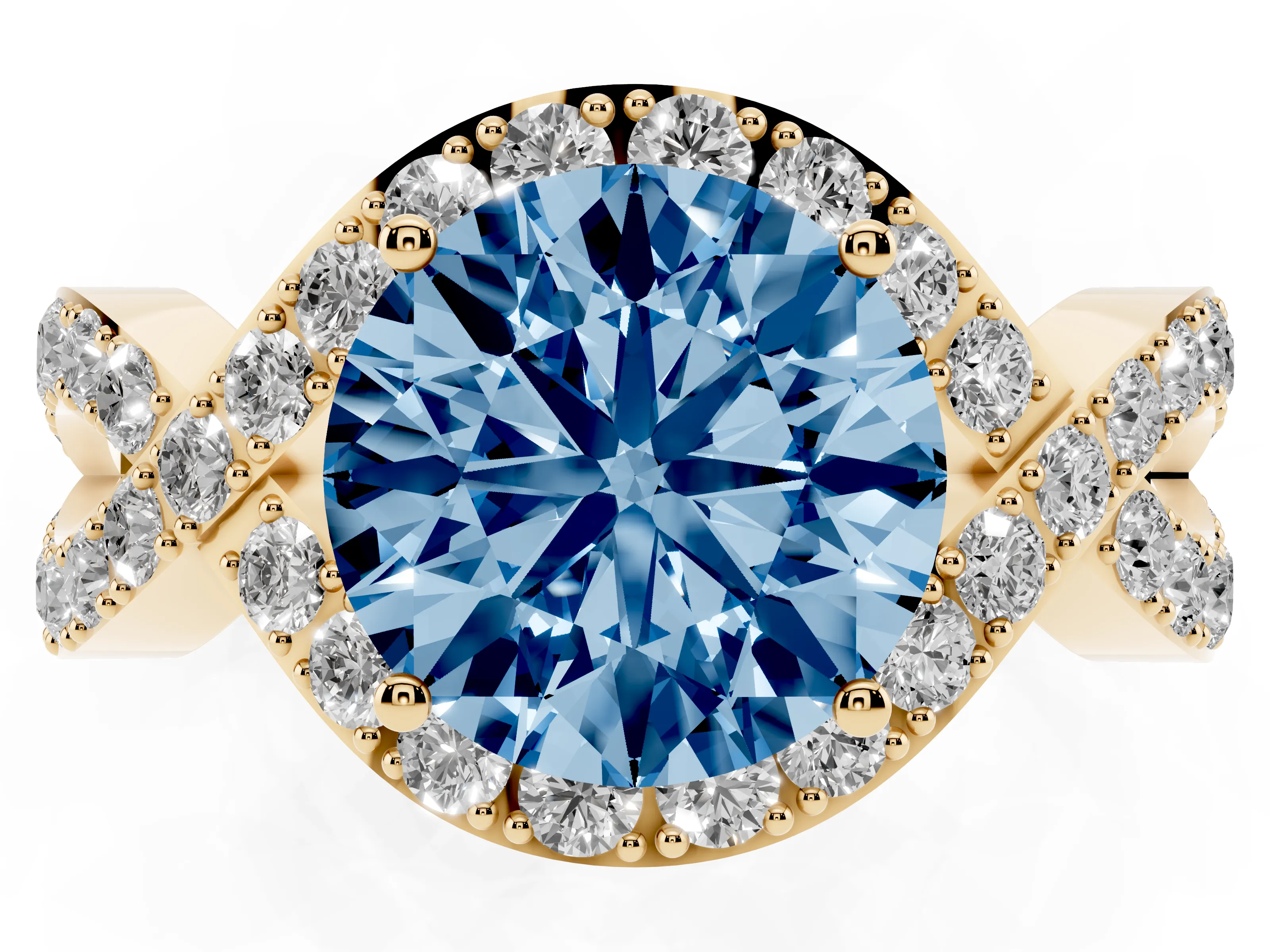 Fancy Blue Round Cut Diamond Solitaire Twist Band Pavé Engagement Ring Set in Yellow gold