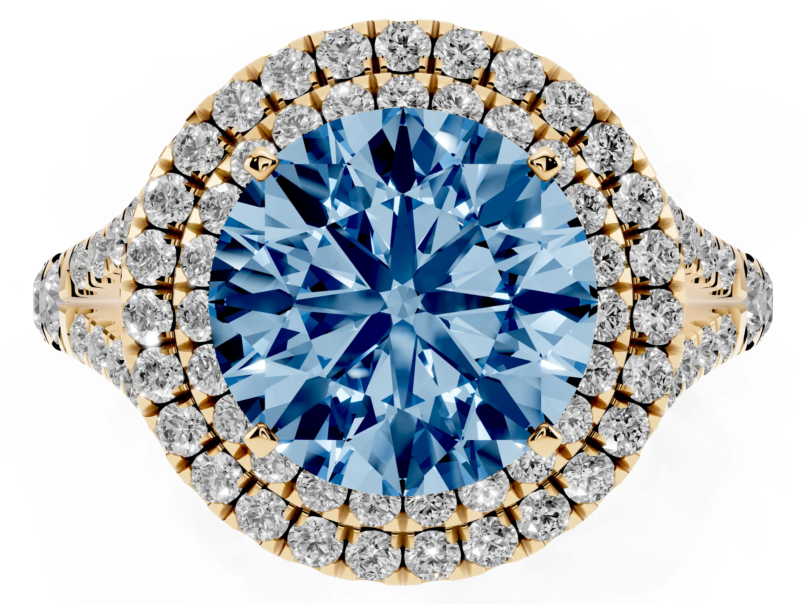 Fancy Blue Round Cut Diamond Pavé Split Shank Double Halo Engagement Ring Set in Yellow gold