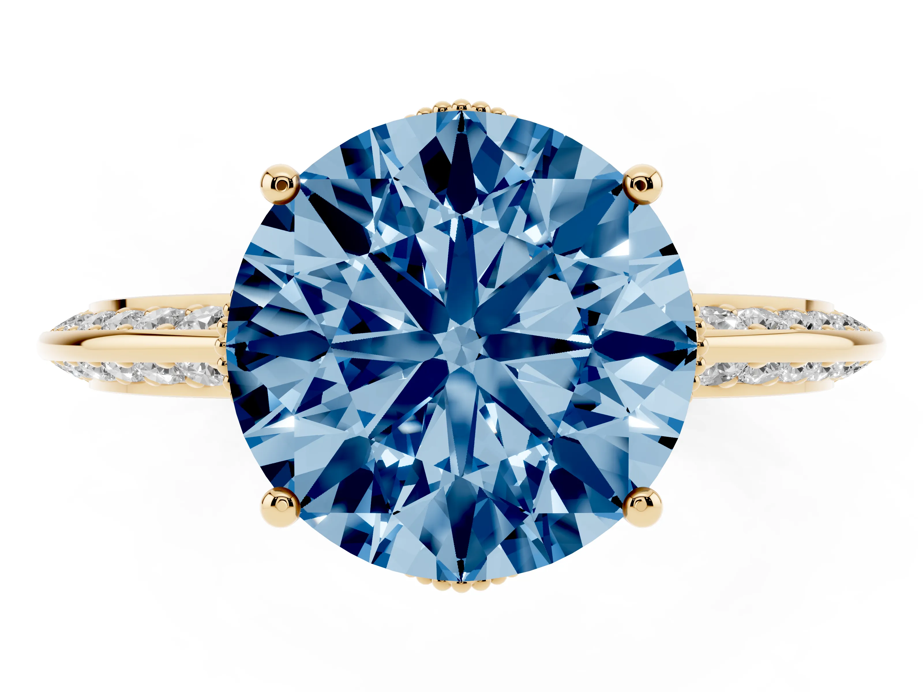 Fancy Blue Round Cut Diamond Solitaire Engagement Ring Set in Yellow gold with Pavé Split Shank and Prong Setting