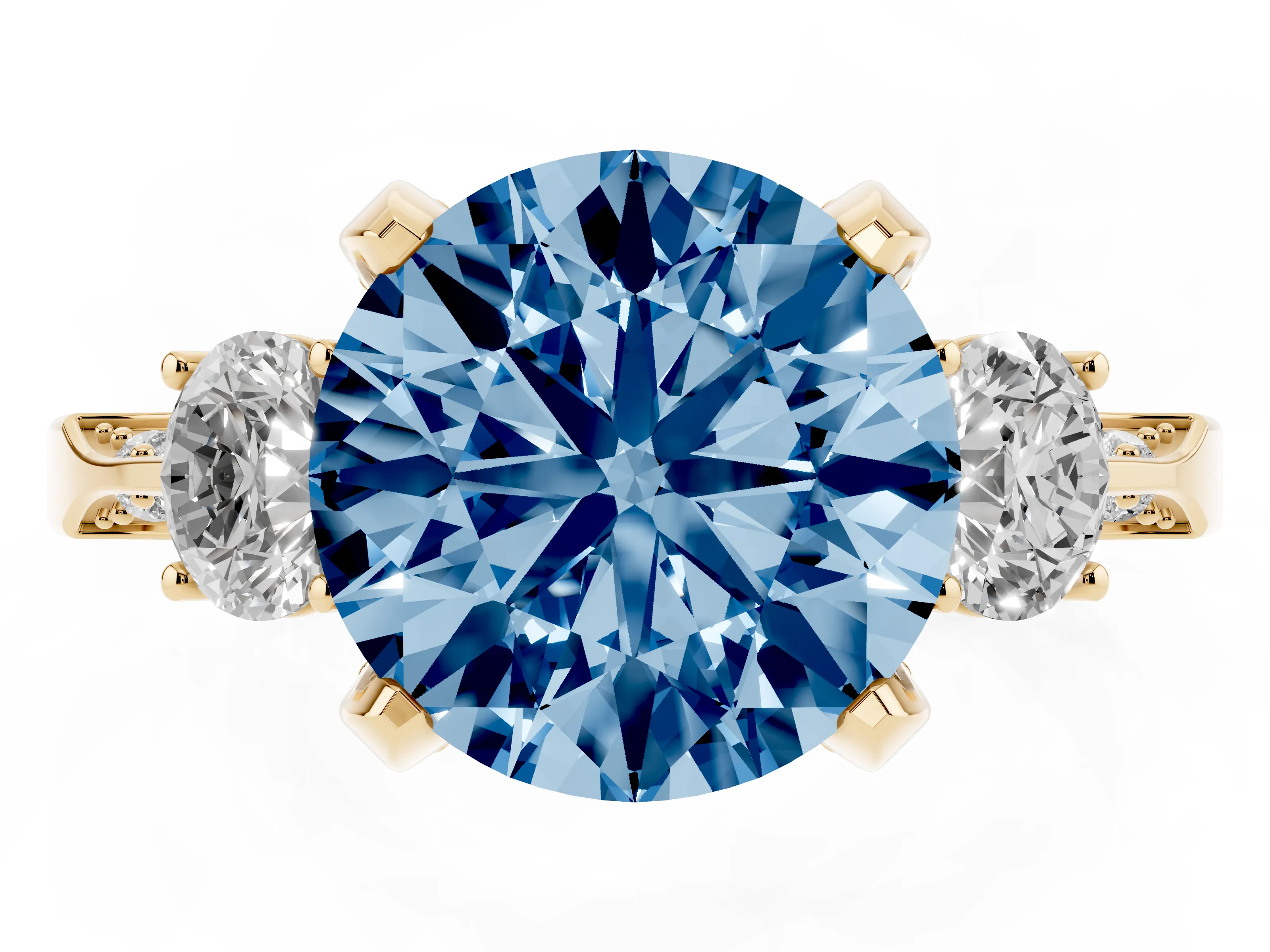 Fancy Blue Round Cut Diamond Three-Stone Ring Set in Yellow gold with Pavé Band and Smaller Side Stones