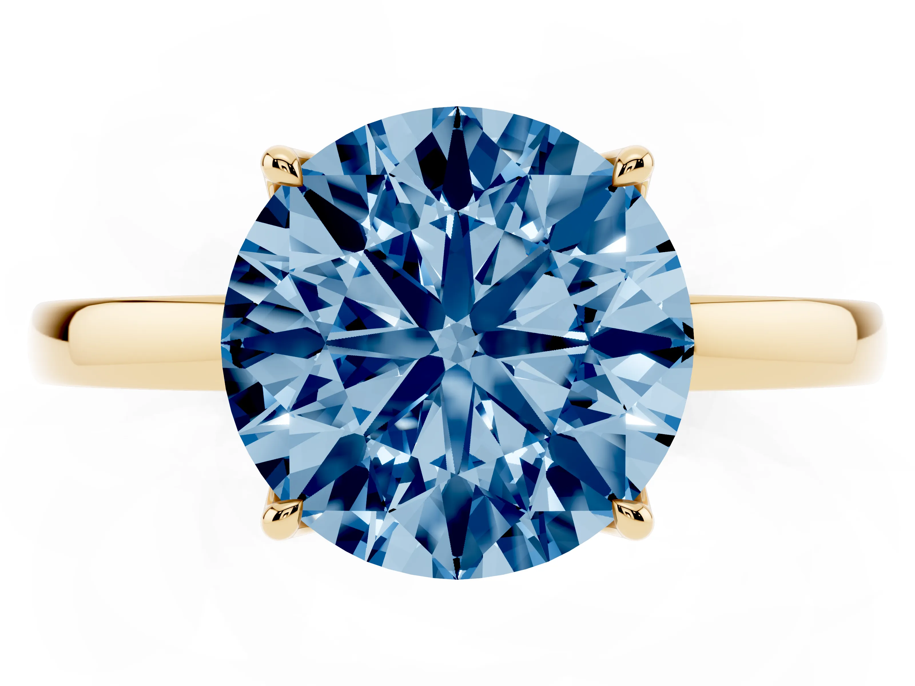 Fancy Blue Round Cut Diamond Solitaire Ring Set in Yellow gold with Prong Setting and Thin Polished Band