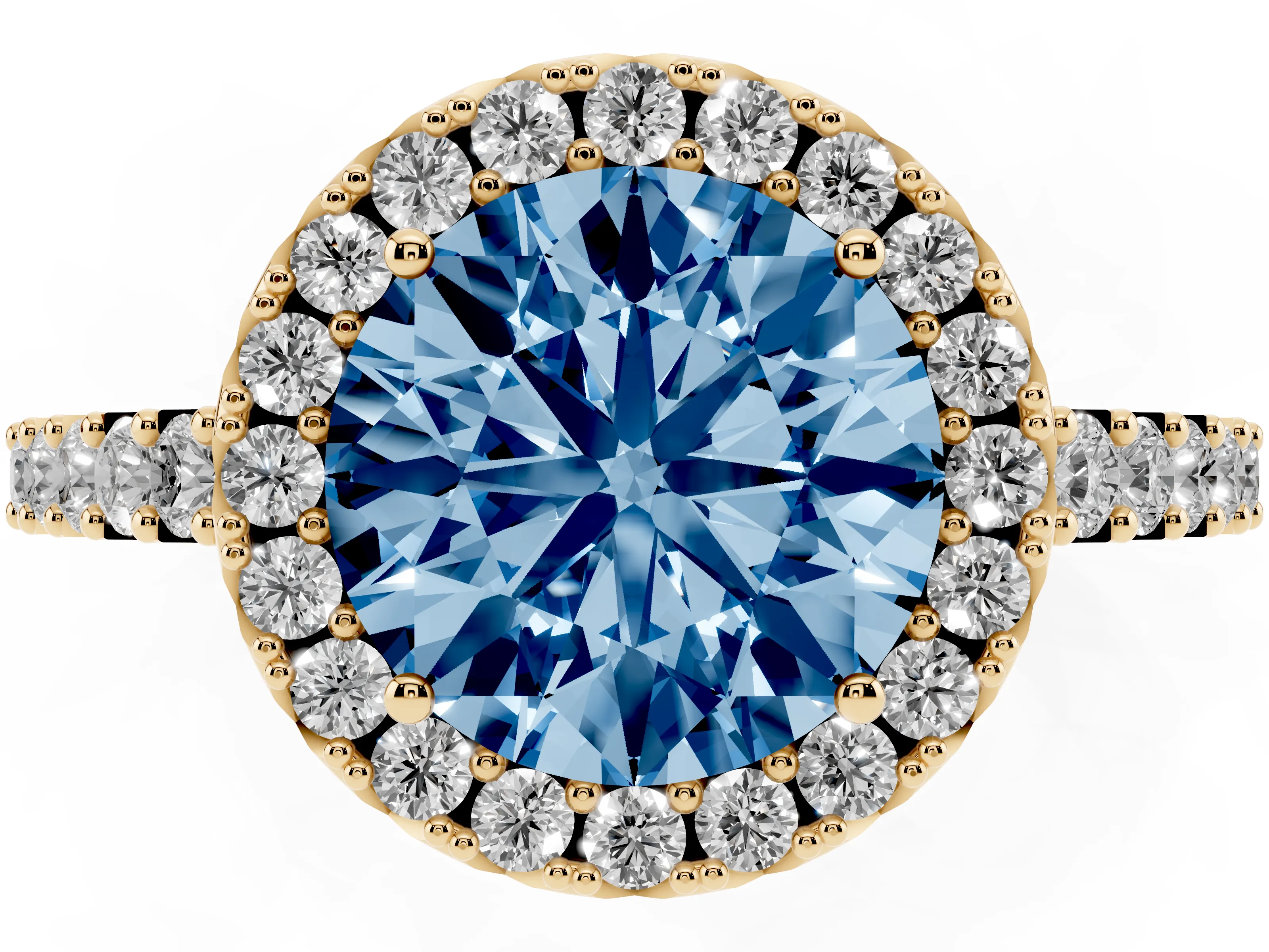 Fancy Blue Round Cut Diamond Halo Pavé Solitaire Ring Set in Yellow gold with Prong-Set Center Stone