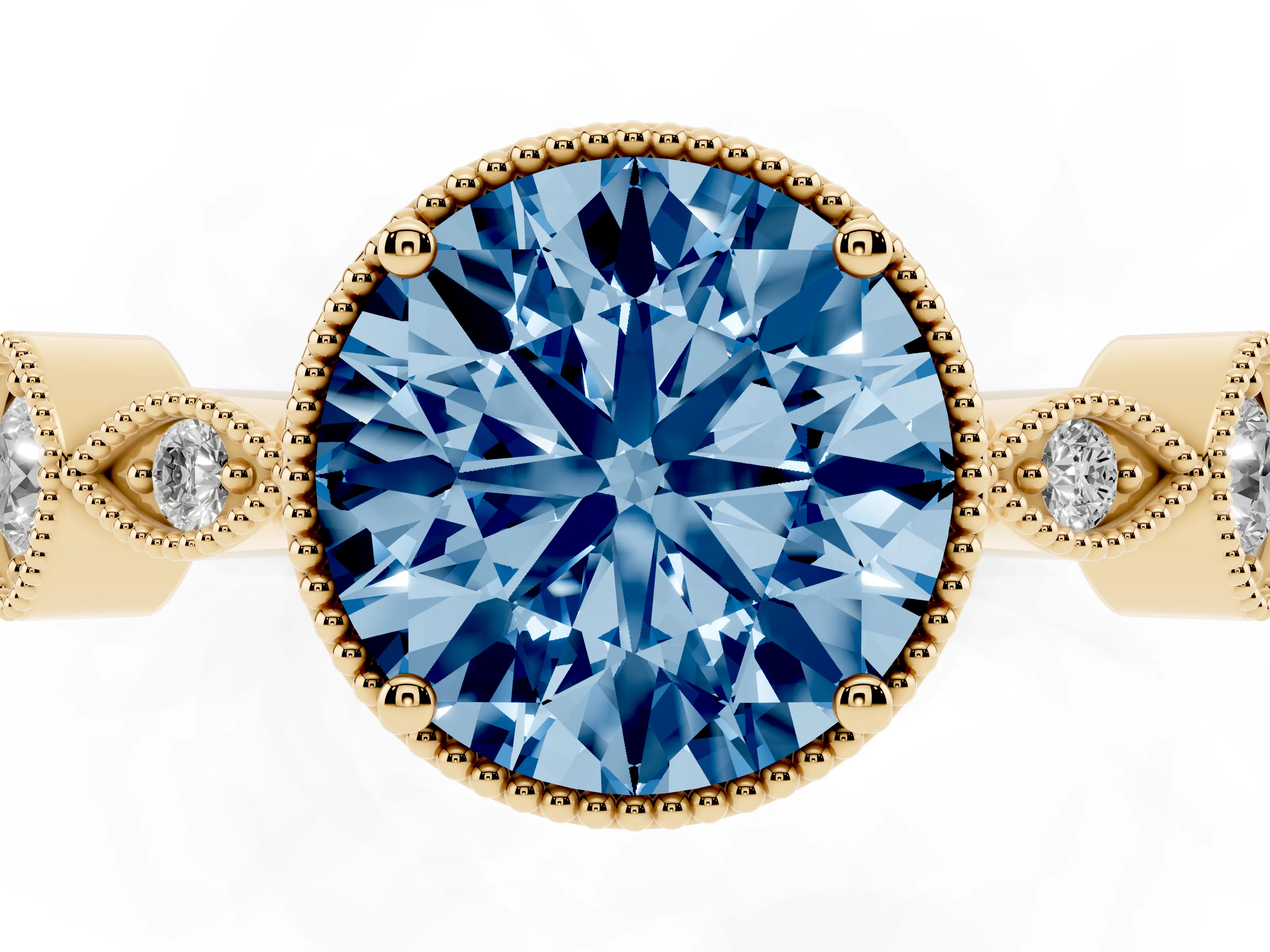 Fancy Blue Round Cut Diamond Vintage-Inspired Milgrain Ring Set in Yellow gold with Marquise Stations of Round Accents