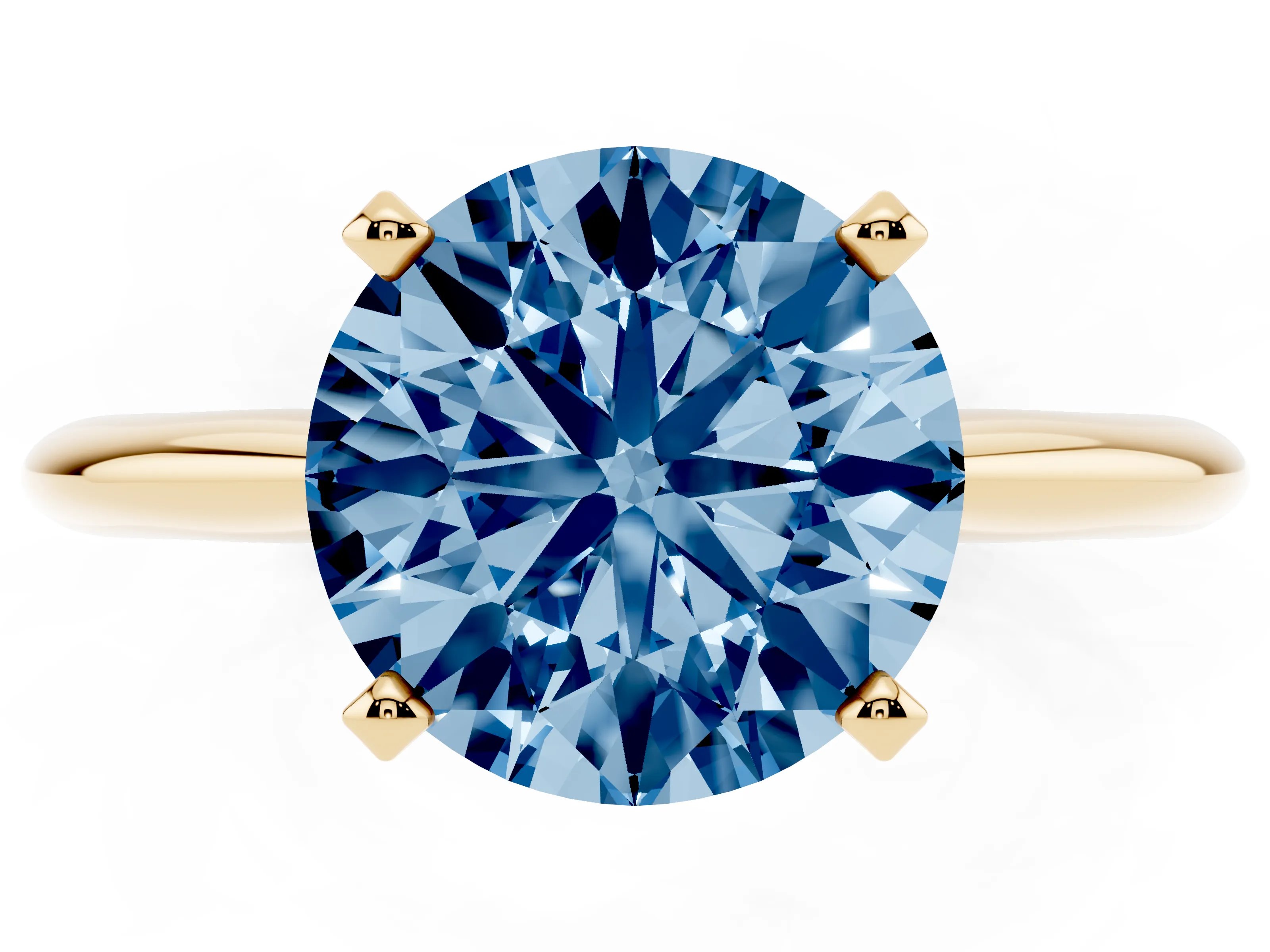 Fancy Blue Round Cut Diamond Solitaire Ring Set in Yellow gold with Prong Setting on a Plain Round Band
