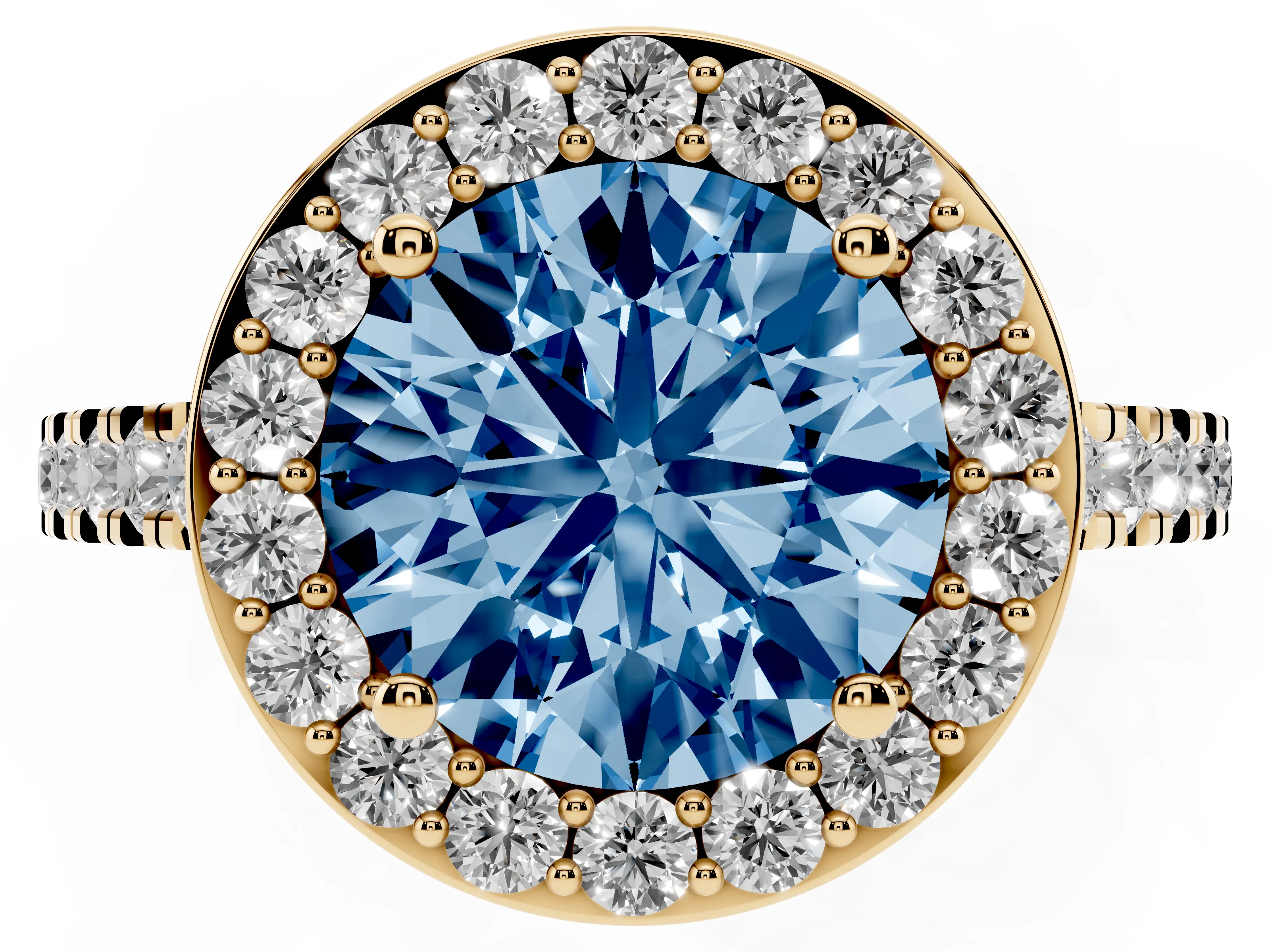 Fancy Blue Round Cut Diamond Halo Ring Set in Yellow gold with Round Pavé Split Shank and Prong Setting