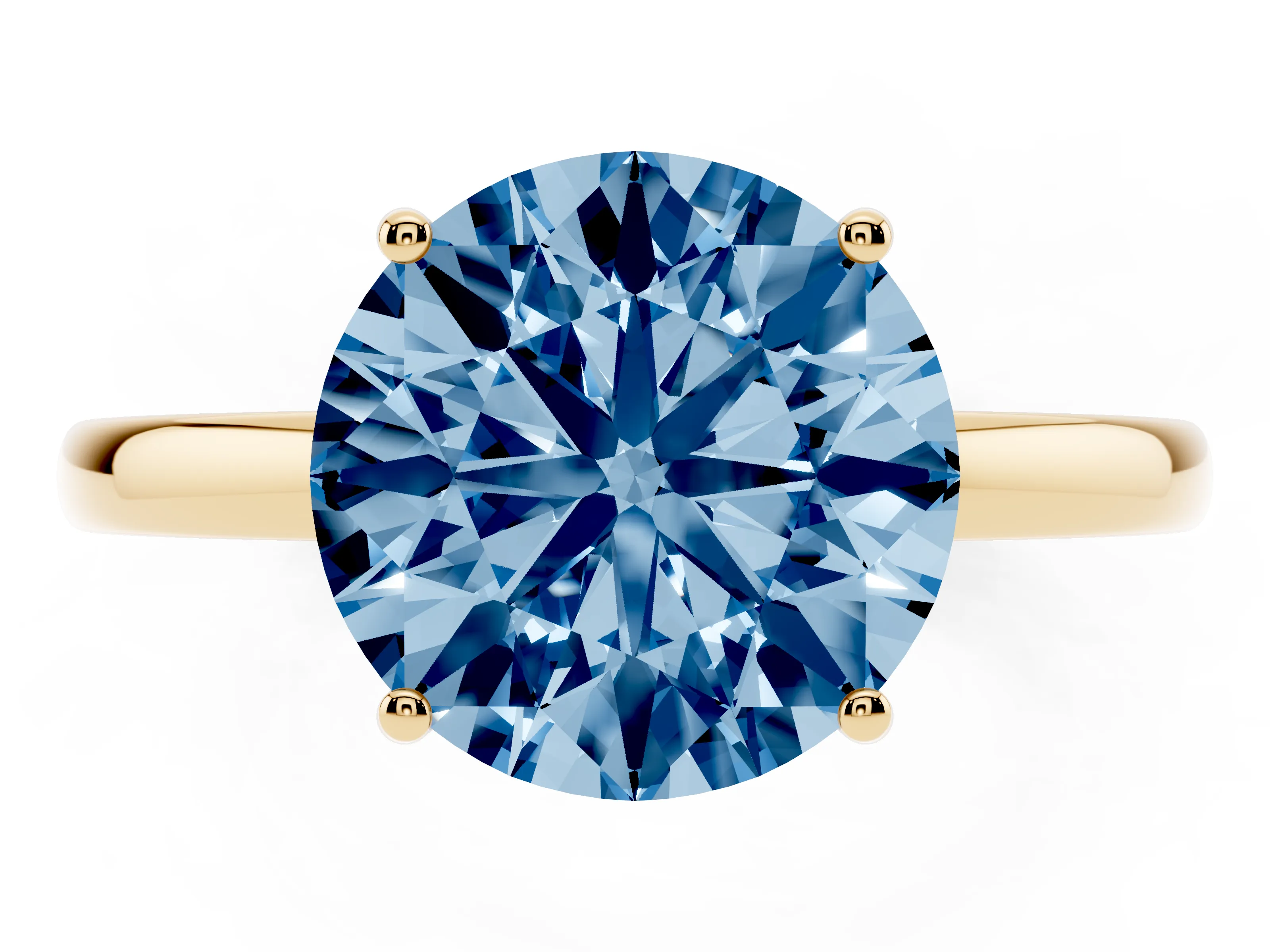Fancy Blue Round Cut Diamond Solitaire Ring Set in Yellow gold with Plain Band and Prong Setting